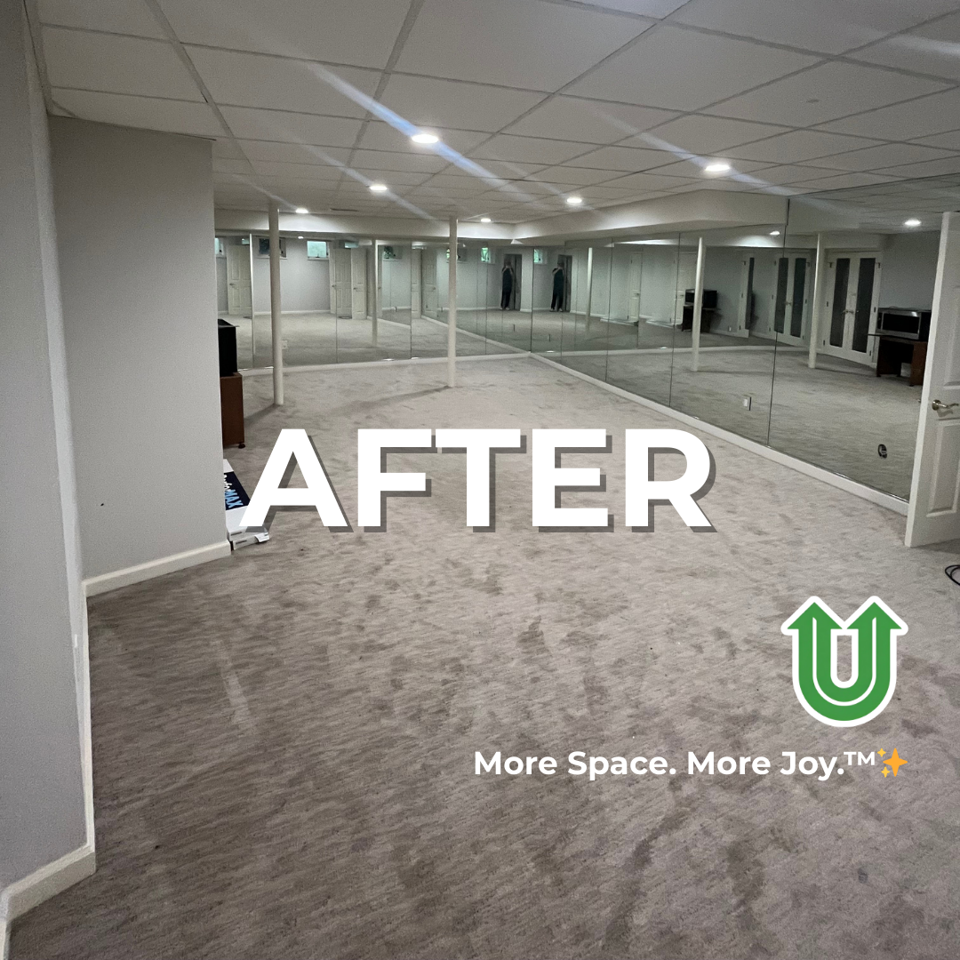 Branded "AFTER UPLIFT" image showing a newly cleared room in Center City Philly. The image features the green Uplift “U” brand mark and the ‘More Space. More Joy.™ ✨’ tagline.
