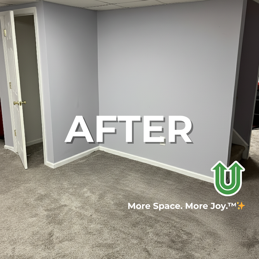 Branded "AFTER UPLIFT" image showing a newly cleared room in Philly after treadmill removal. The image features the green Uplift “U” brand mark and the ‘More Space. More Joy.™ ✨’ tagline.