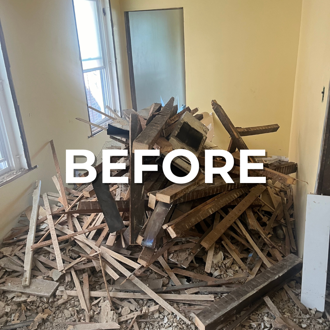 Branded "BEFORE" image showing a cluttered construction site in Center City Philly.