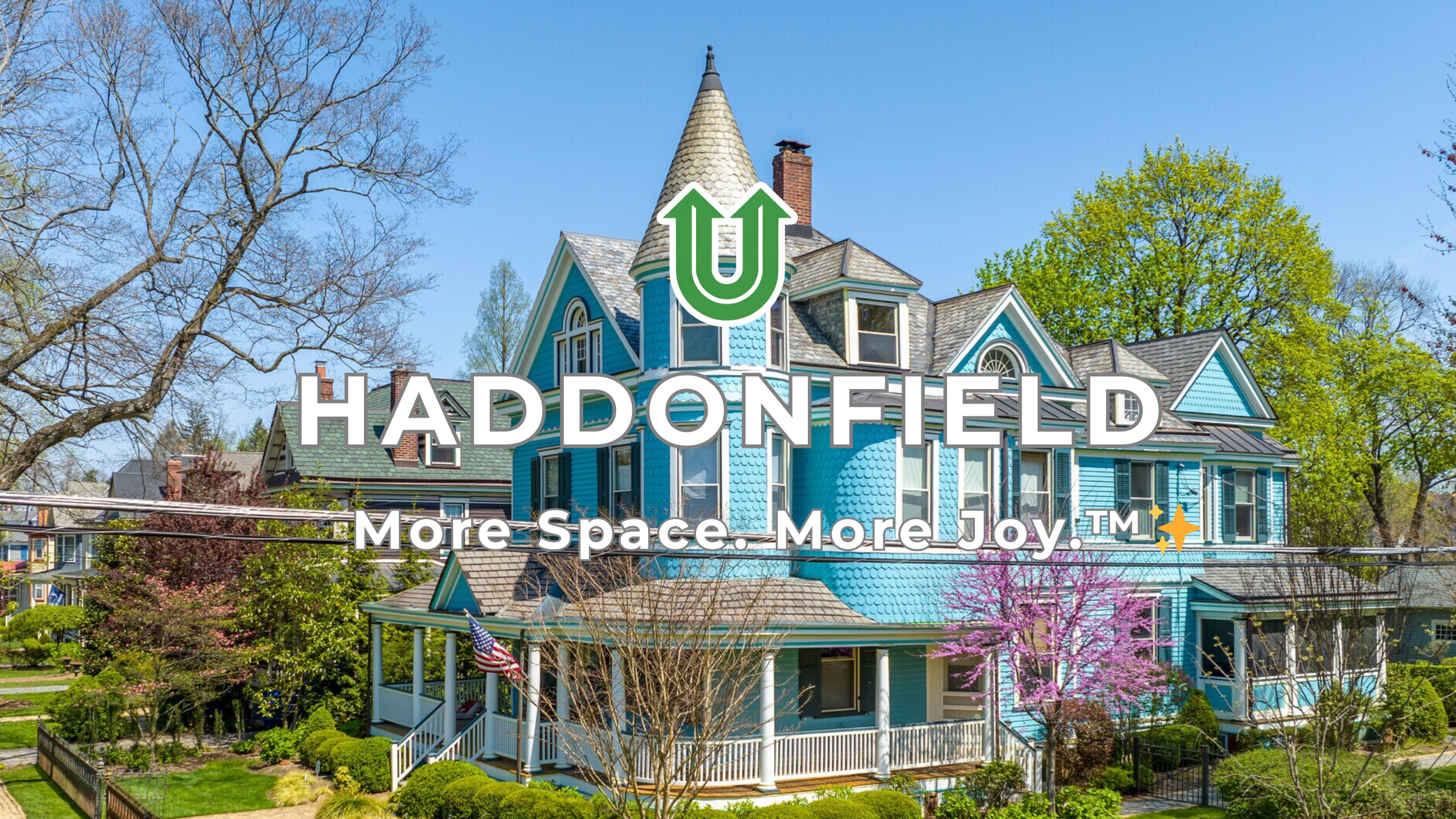 Branded photo from Uplift Junk Solutions showing a cleanout for a home in Haddonfield, Camden County, NJ. The image features the green Uplift “U” brand mark and the ‘More Space. More Joy.™ ✨’ tagline.