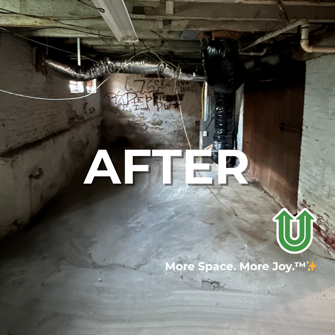 Branded "AFTER UPLIFT" image showing a newly cleared basement in the Main Line, PA. The image features the green Uplift “U” brand mark and the ‘More Space. More Joy.™ ✨’ tagline.