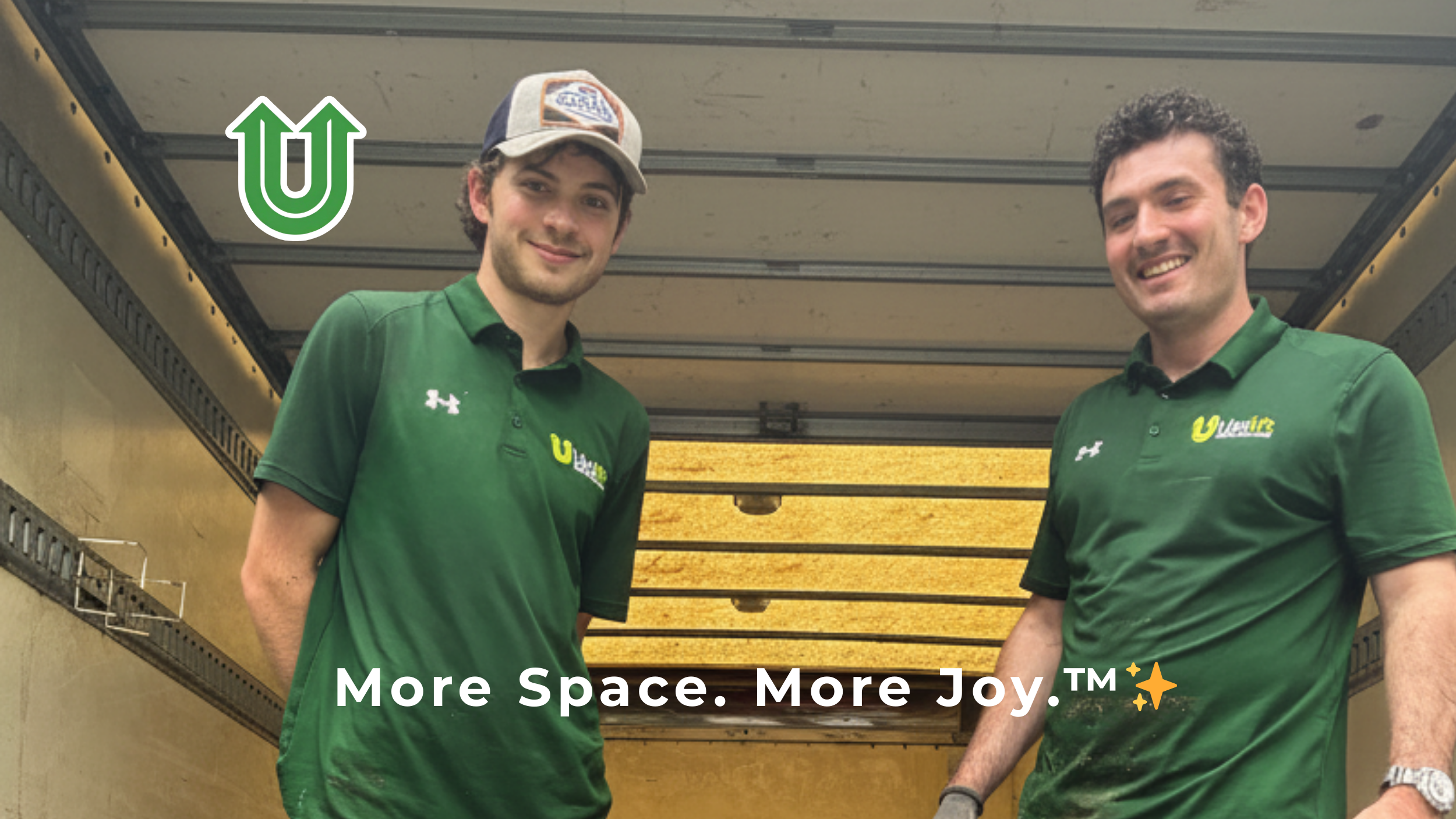 Branded photo from Uplift Junk Solutions showing founders Richard and Tristan in the company truck in Philadelphia. The image features the green Uplift “U” brand mark and the ‘More Space. More Joy.™ ✨’ tagline.