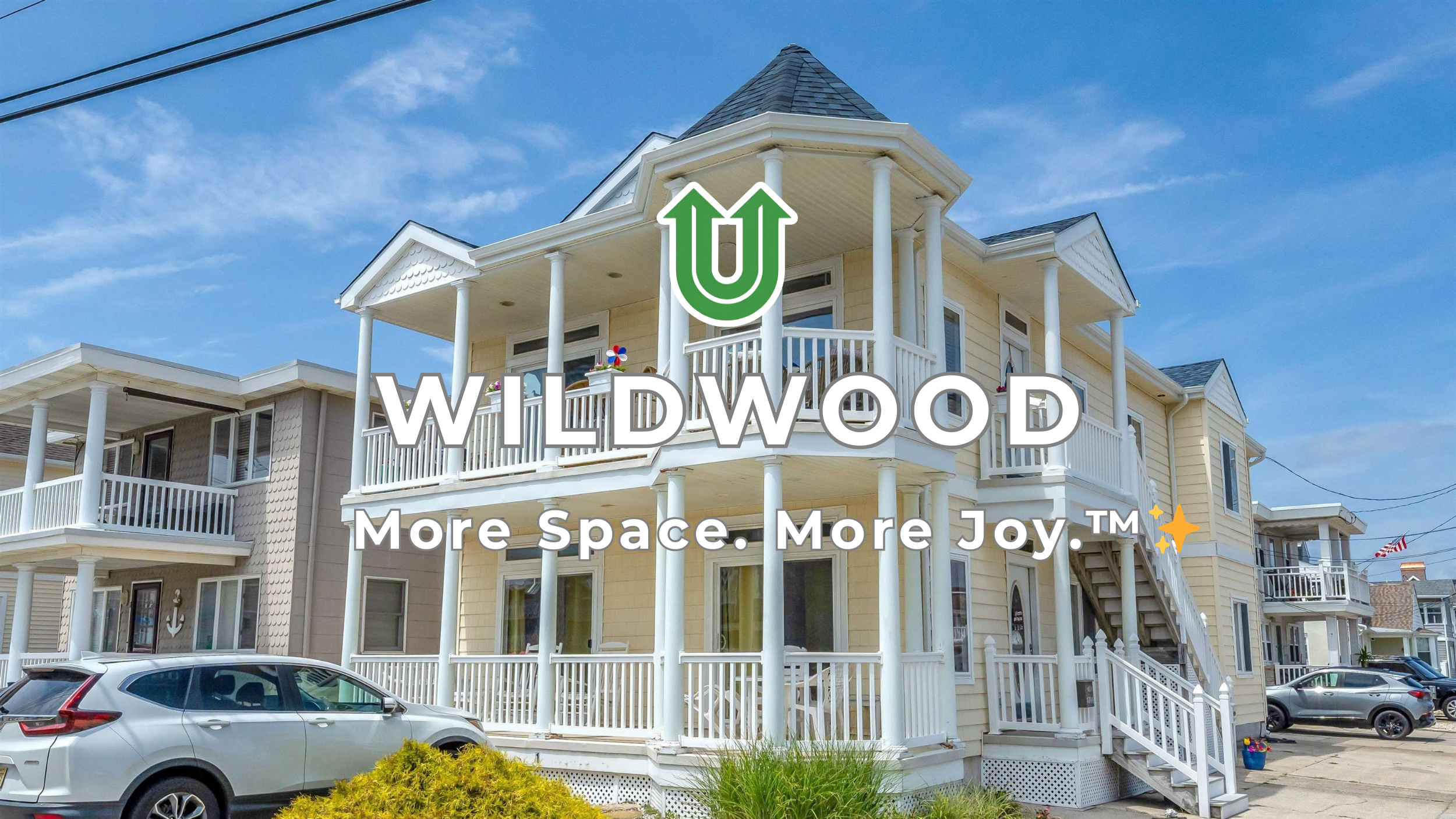 Branded photo from Uplift Junk Solutions showing a cleanout for a beach home in Wildwood, NJ. The image features the green Uplift “U” brand mark and the ‘More Space. More Joy.™ ✨’ tagline.