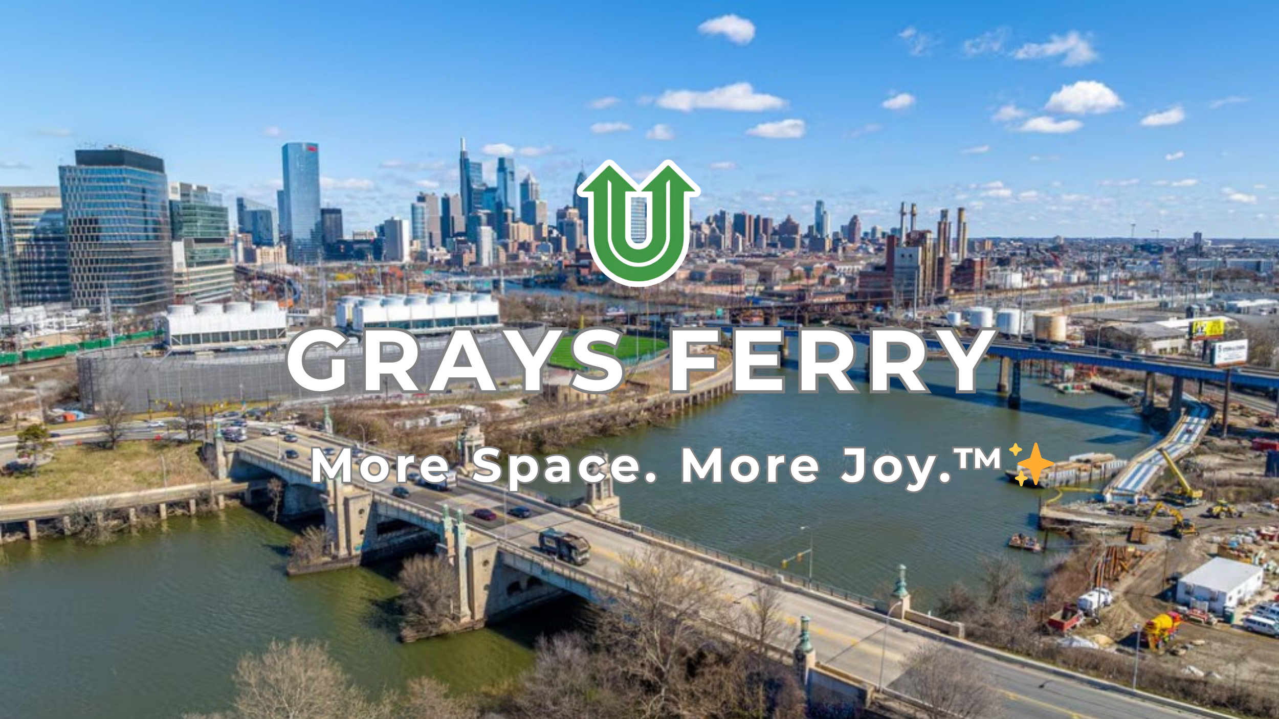 Branded photo from Uplift Junk Solutions showing a cleanout for a home in the Grays Ferry neighborhood of Philly. The image features the green Uplift “U” brand mark and the ‘More Space. More Joy.™ ✨’ tagline.