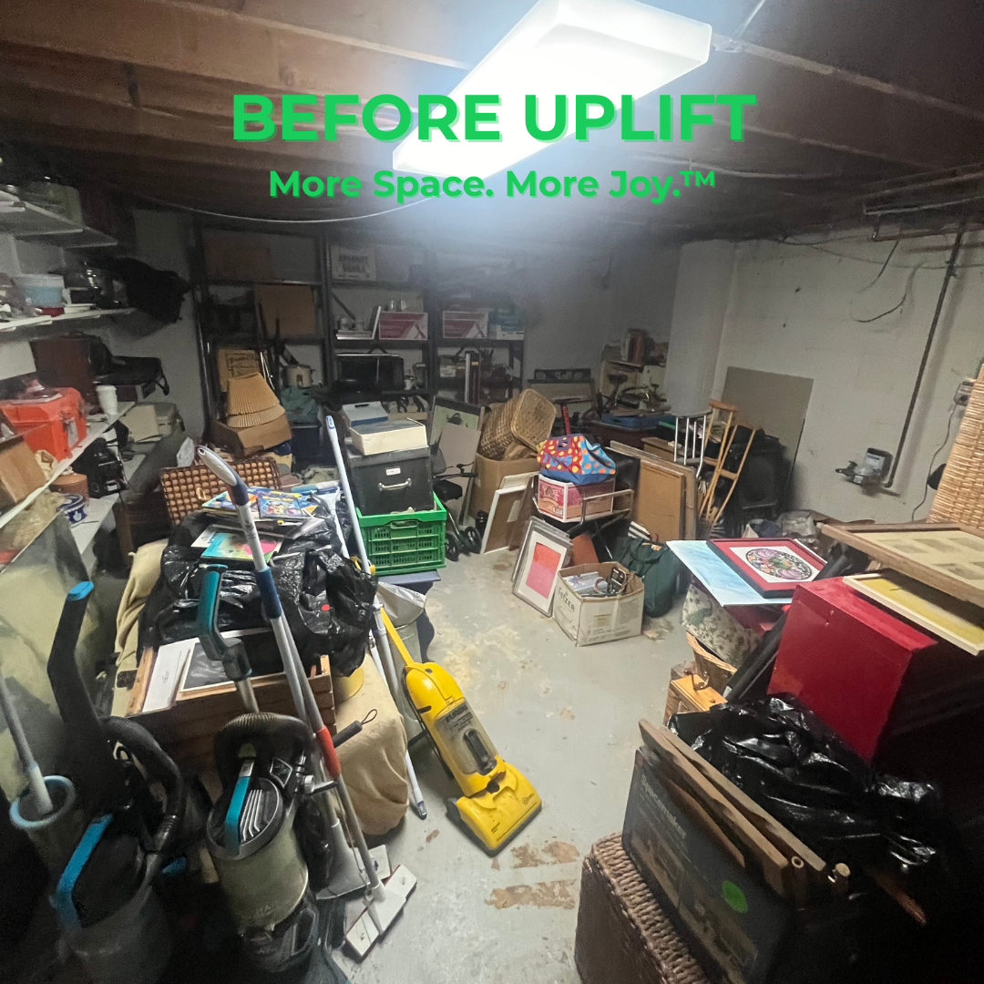 Before Uplift Junk Solutions' basement cleanout, showing the before cluttered space in a home in Society Hill, Philadelphia, PA.