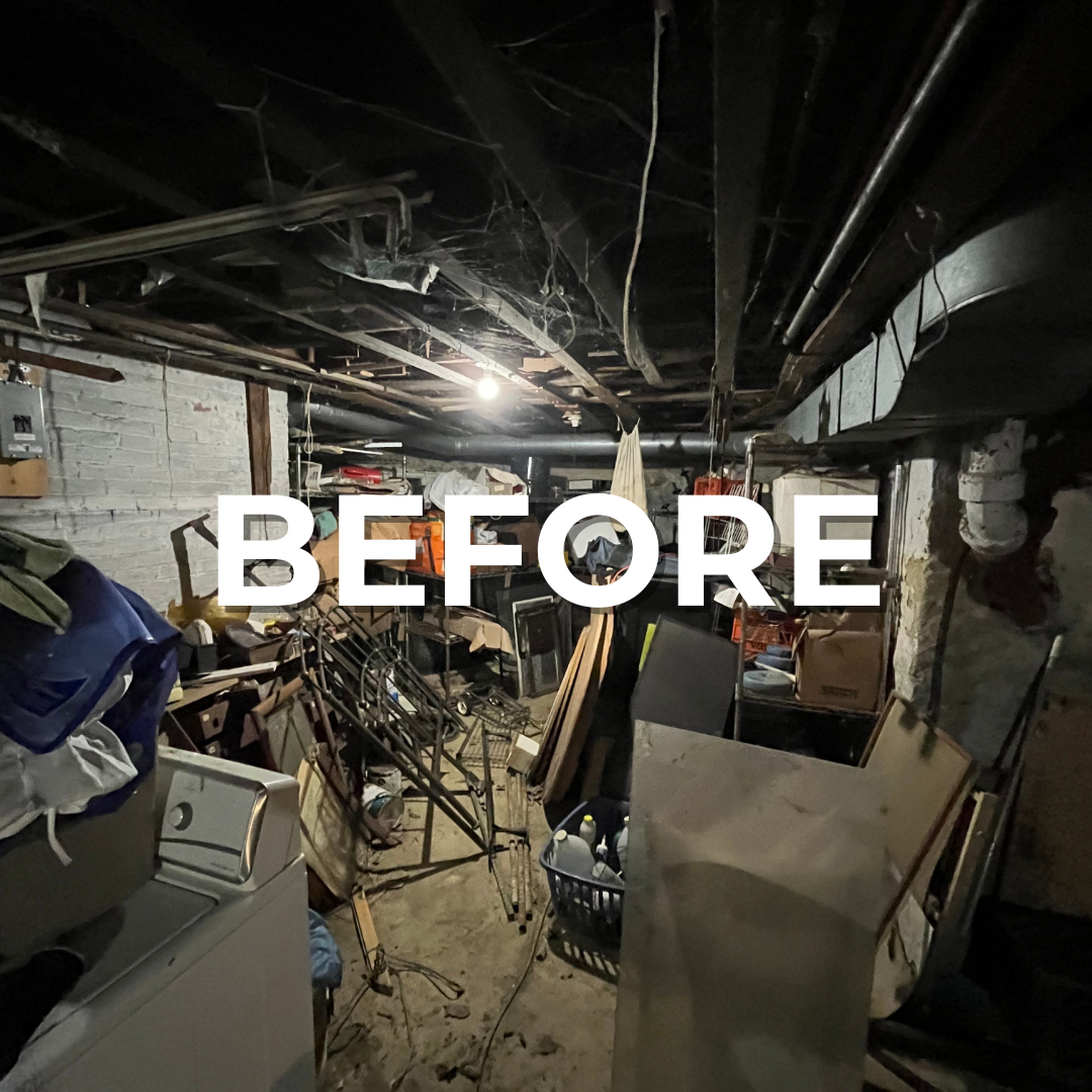 Branded "BEFORE" image showing a cluttered basement in the Main Line, PA.