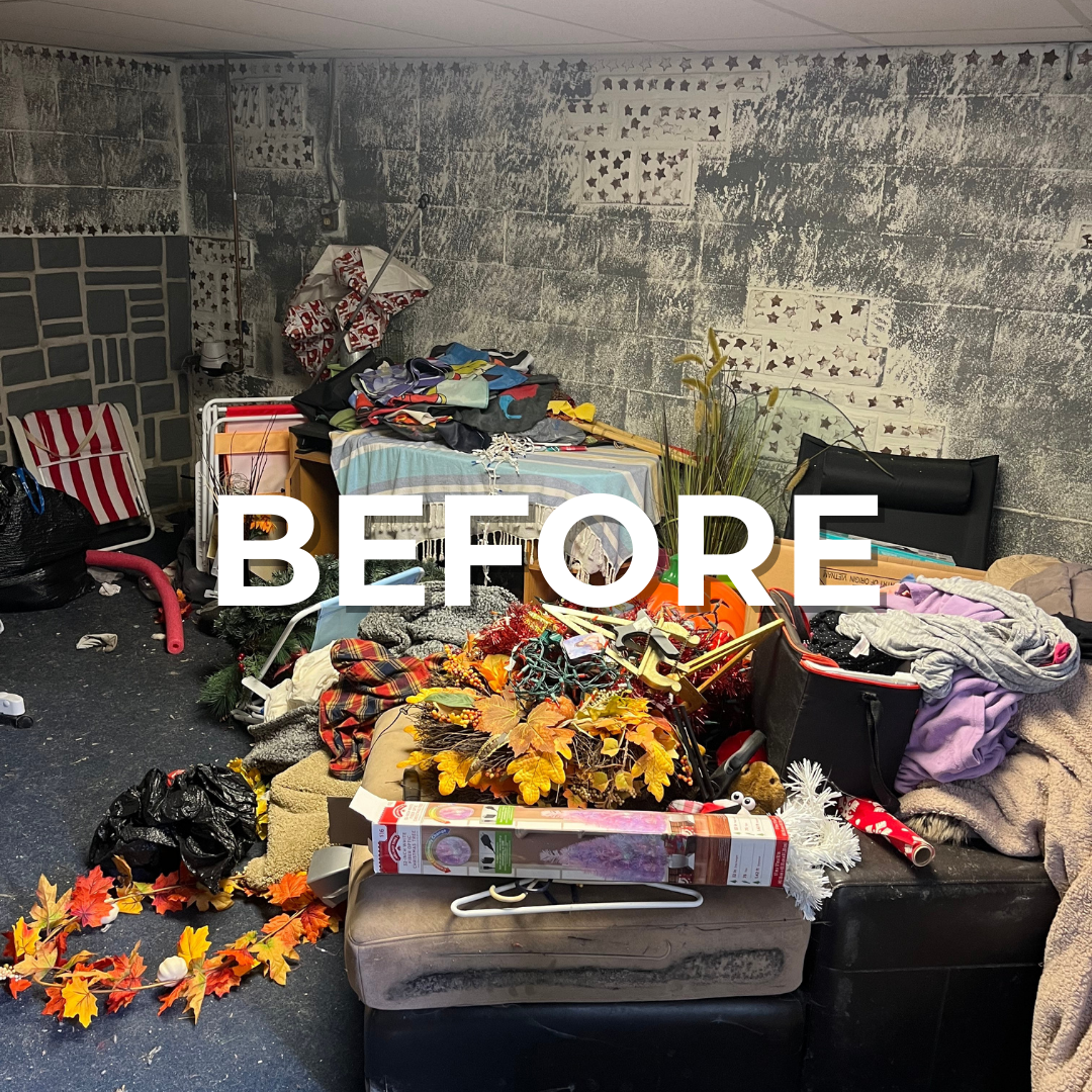 Branded "BEFORE" image showing a cluttered basement in Center City Philly.