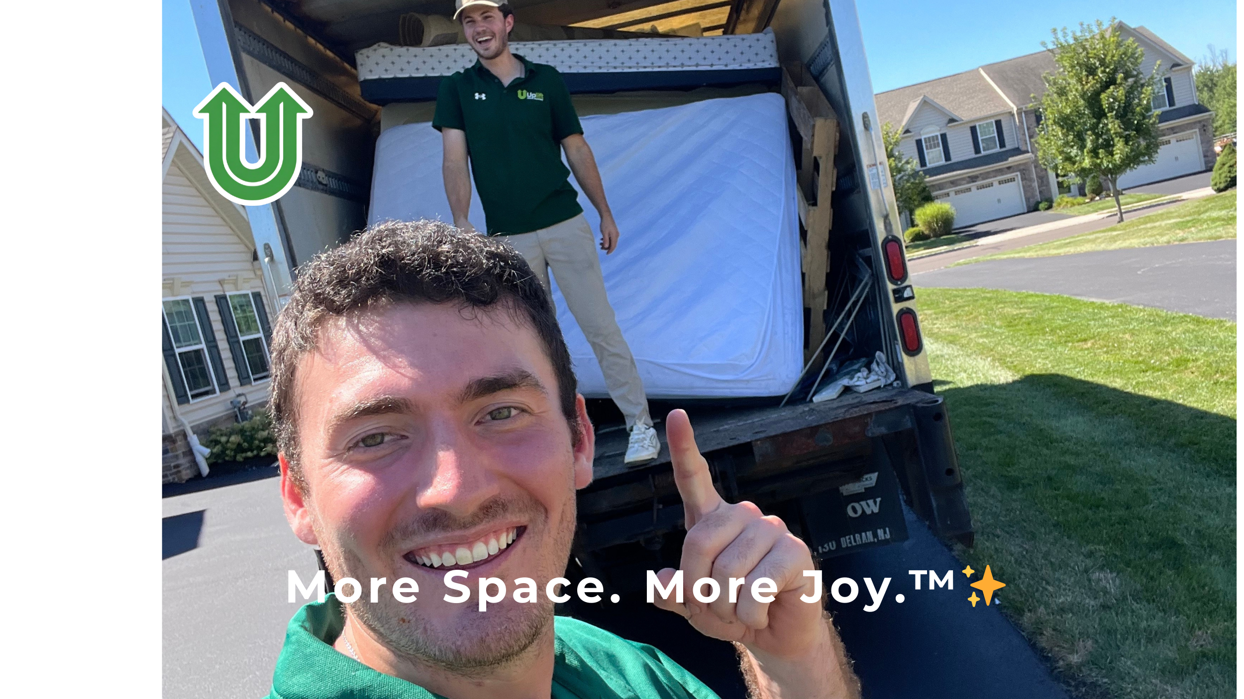 Branded photo from Uplift Junk Solutions showing a team with a mattress removal in the Pennsylvania suburbs. The image features the green Uplift “U” brand mark and the ‘More Space. More Joy.™ ✨’ tagline.