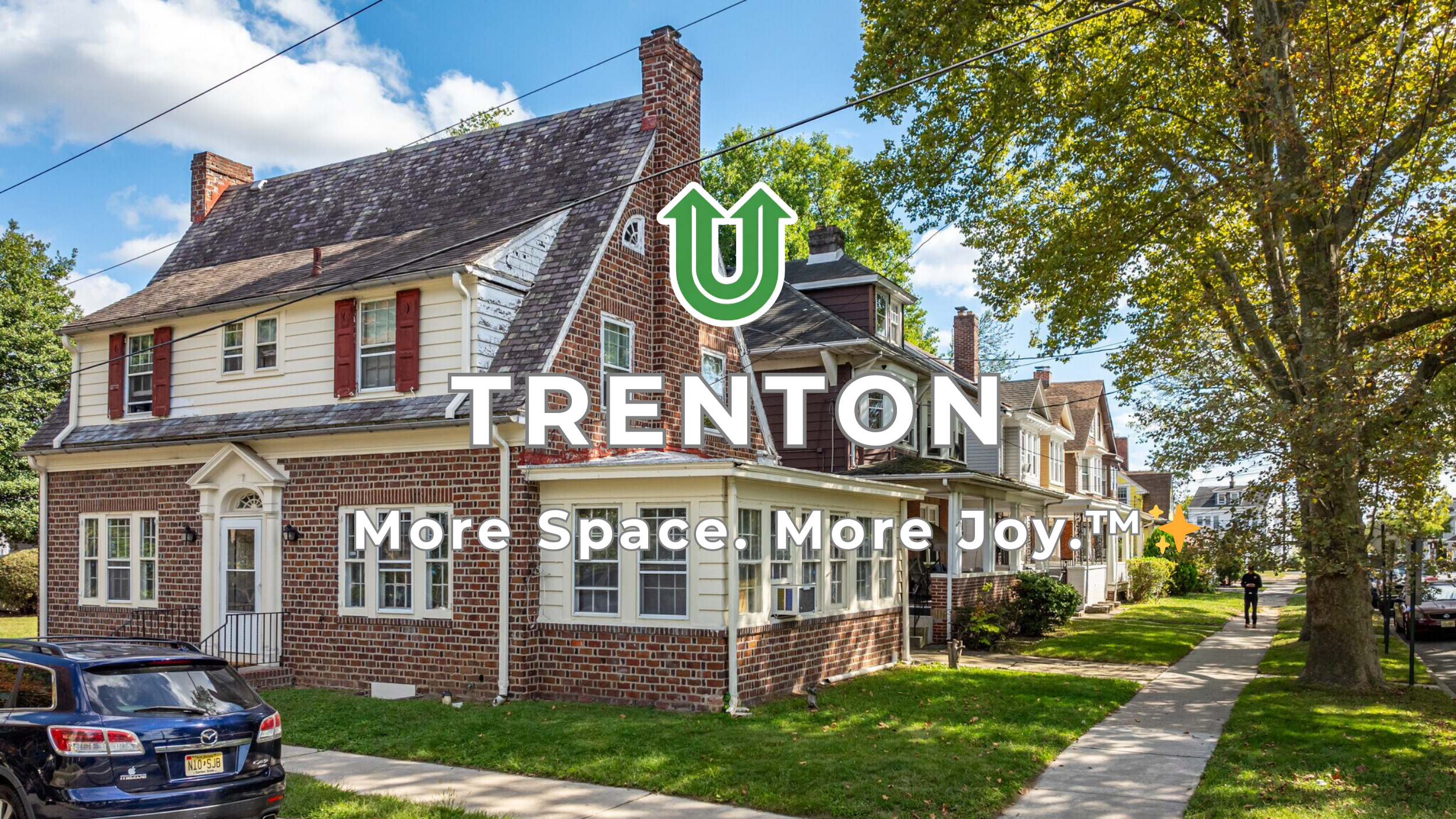 Branded photo from Uplift Junk Solutions showing a cleanout for a home in Trenton, Mercer County, NJ. The image features the green Uplift “U” brand mark and the ‘More Space. More Joy.™ ✨’ tagline.