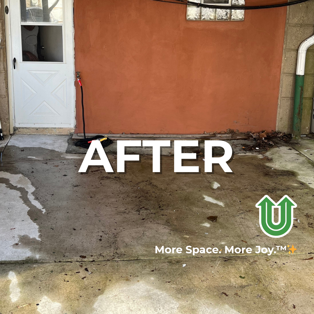 Branded "AFTER UPLIFT" image showing a newly cleared yard in Philly. The image features the green Uplift “U” brand mark and the ‘More Space. More Joy.™ ✨’ tagline.