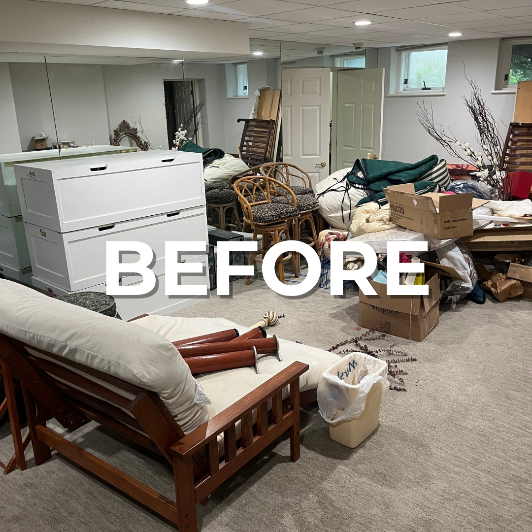 Branded "BEFORE" image showing a cluttered room in Center City Philly.