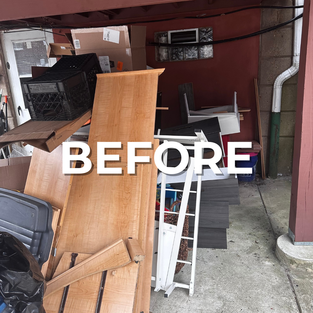 Branded "BEFORE" image showing a cluttered yard in Philly.