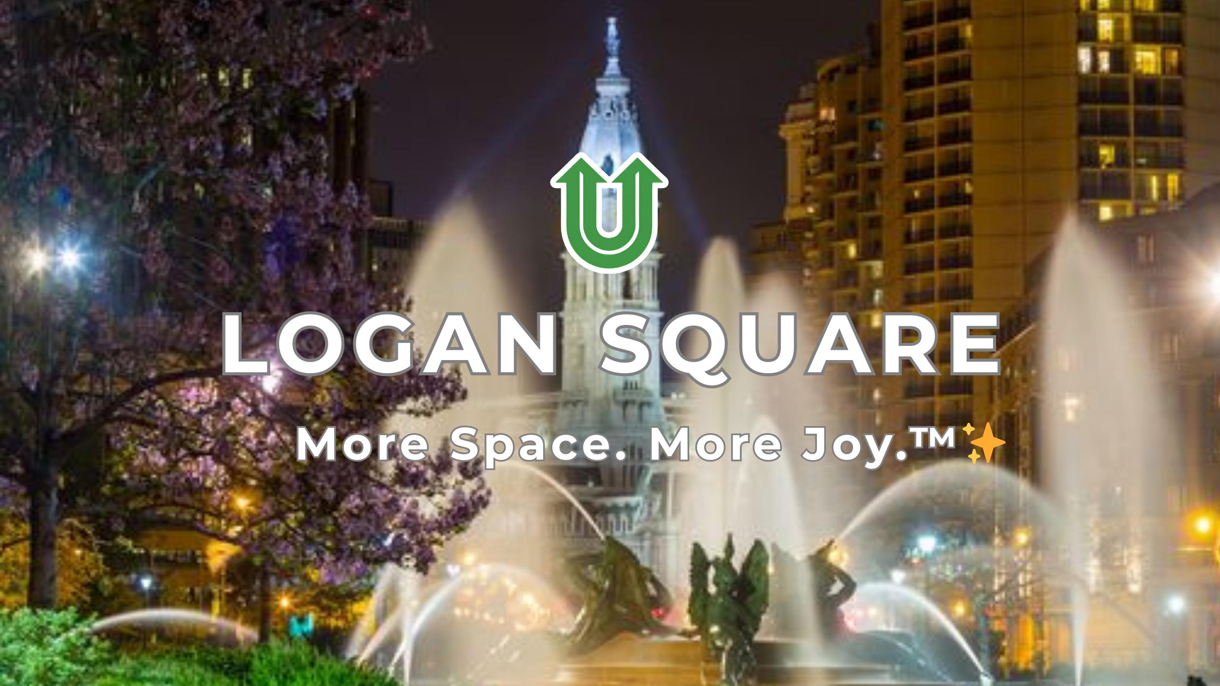 Branded photo from Uplift Junk Solutions showing a cleanout for a commercial building in the Logan Square area of Philly. The image features the green Uplift “U” brand mark and the ‘More Space. More Joy.™ ✨’ tagline.