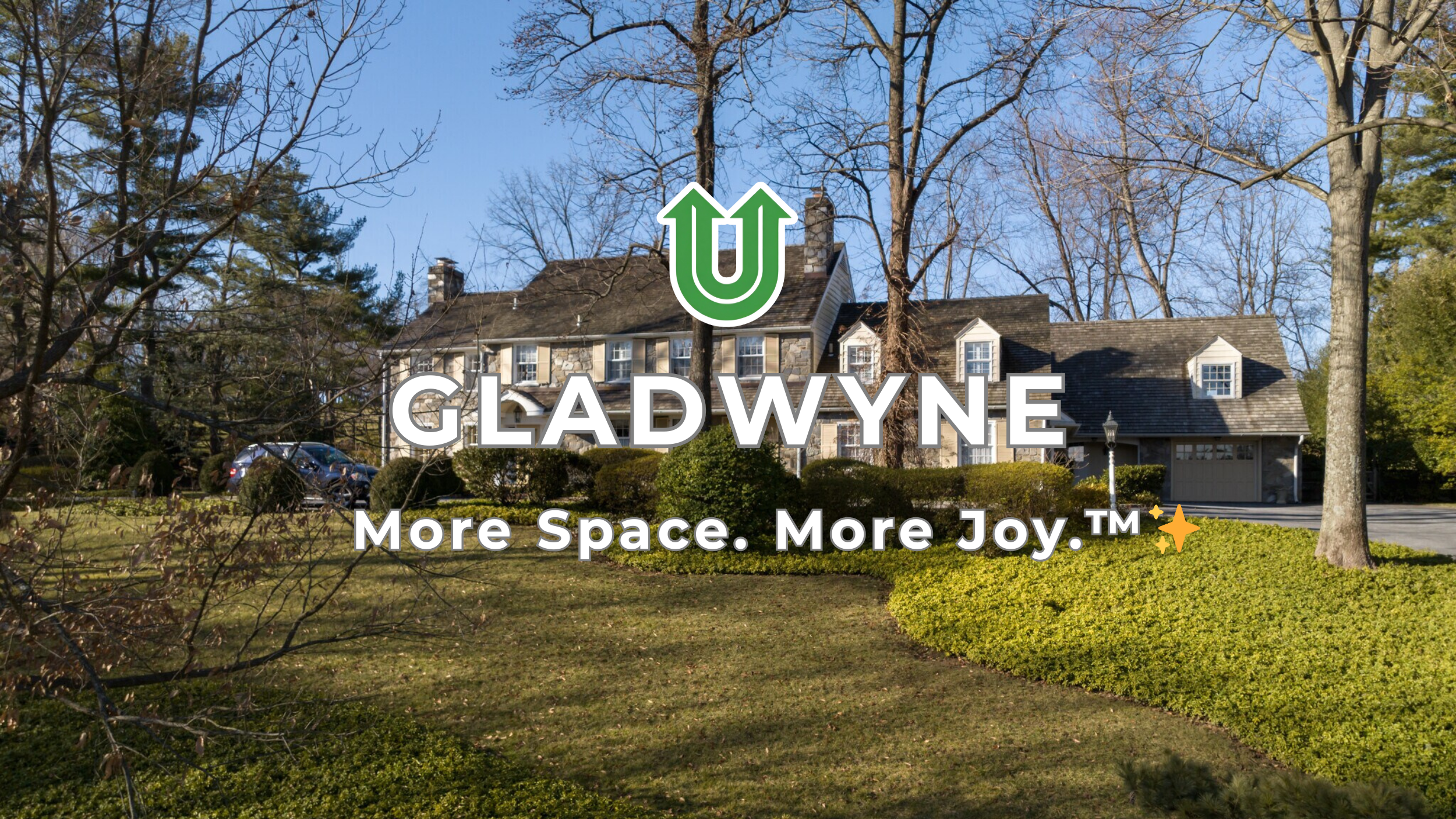 Branded photo from Uplift Junk Solutions showing a cleanout for a home in the Main Line town of Gladwyne, PA. The image features the green Uplift “U” brand mark and the ‘More Space. More Joy.™ ✨’ tagline.