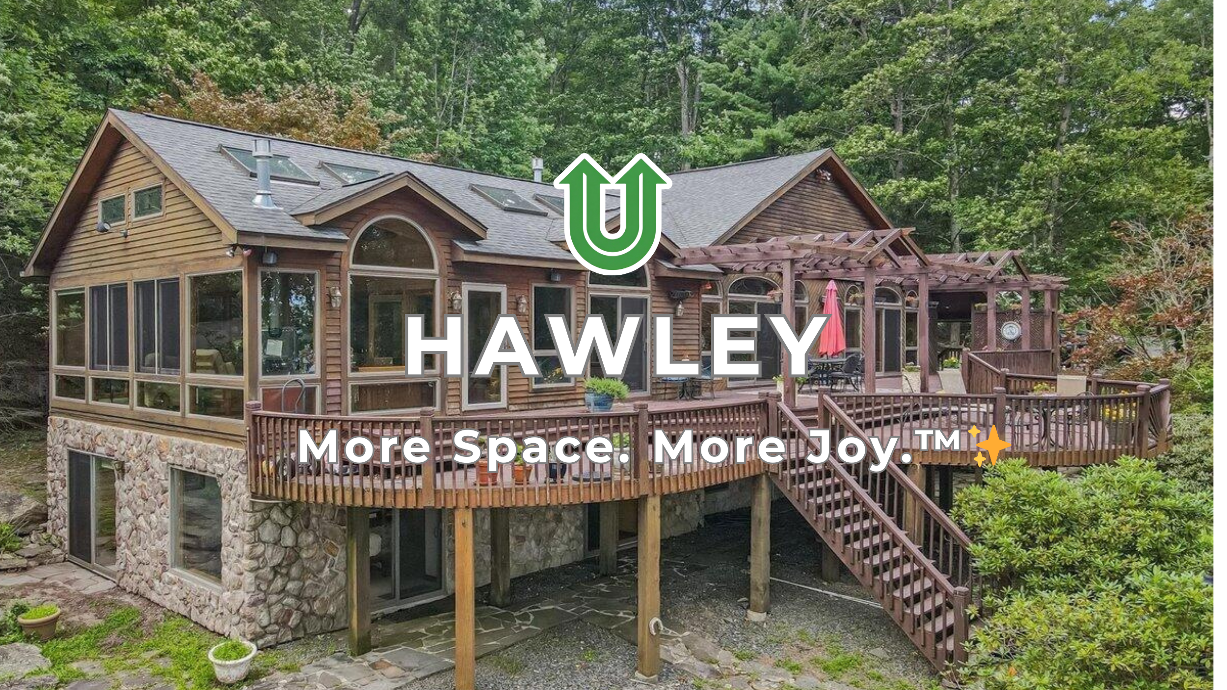 Branded photo from Uplift Junk Solutions showing a cleanout for a home in Hawley, PA. The image features the green Uplift “U” brand mark and the ‘More Space. More Joy.™ ✨’ tagline.