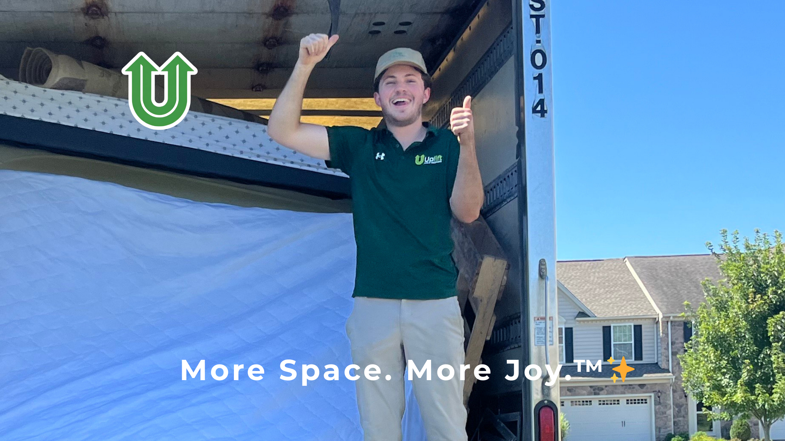 Branded photo from Uplift Junk Solutions showing a team giving a thumbs-up after a successful mattress removal in the Pennsylvania suburbs. The image features the green Uplift “U” brand mark and the ‘More Space. More Joy.™ ✨’ tagline.