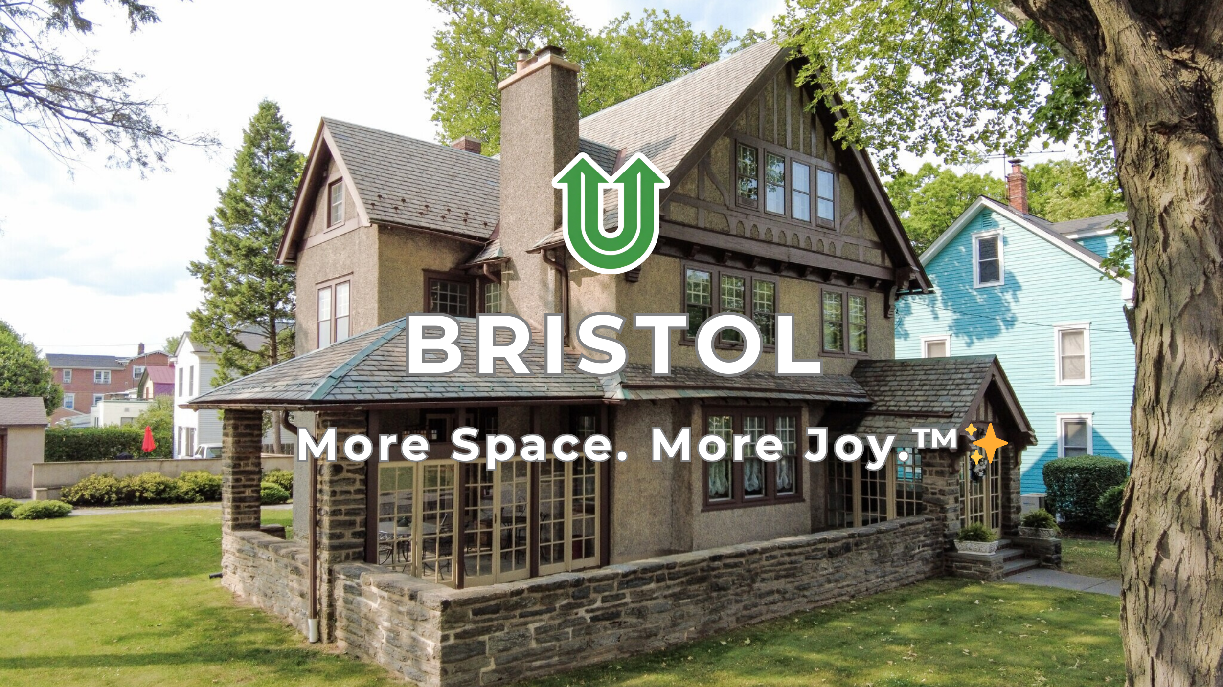 Branded photo from Uplift Junk Solutions showing a cleanout at a residence in Bristol, Bucks County, PA. The image features the green Uplift “U” brand mark and the ‘More Space. More Joy.™ ✨’ tagline.