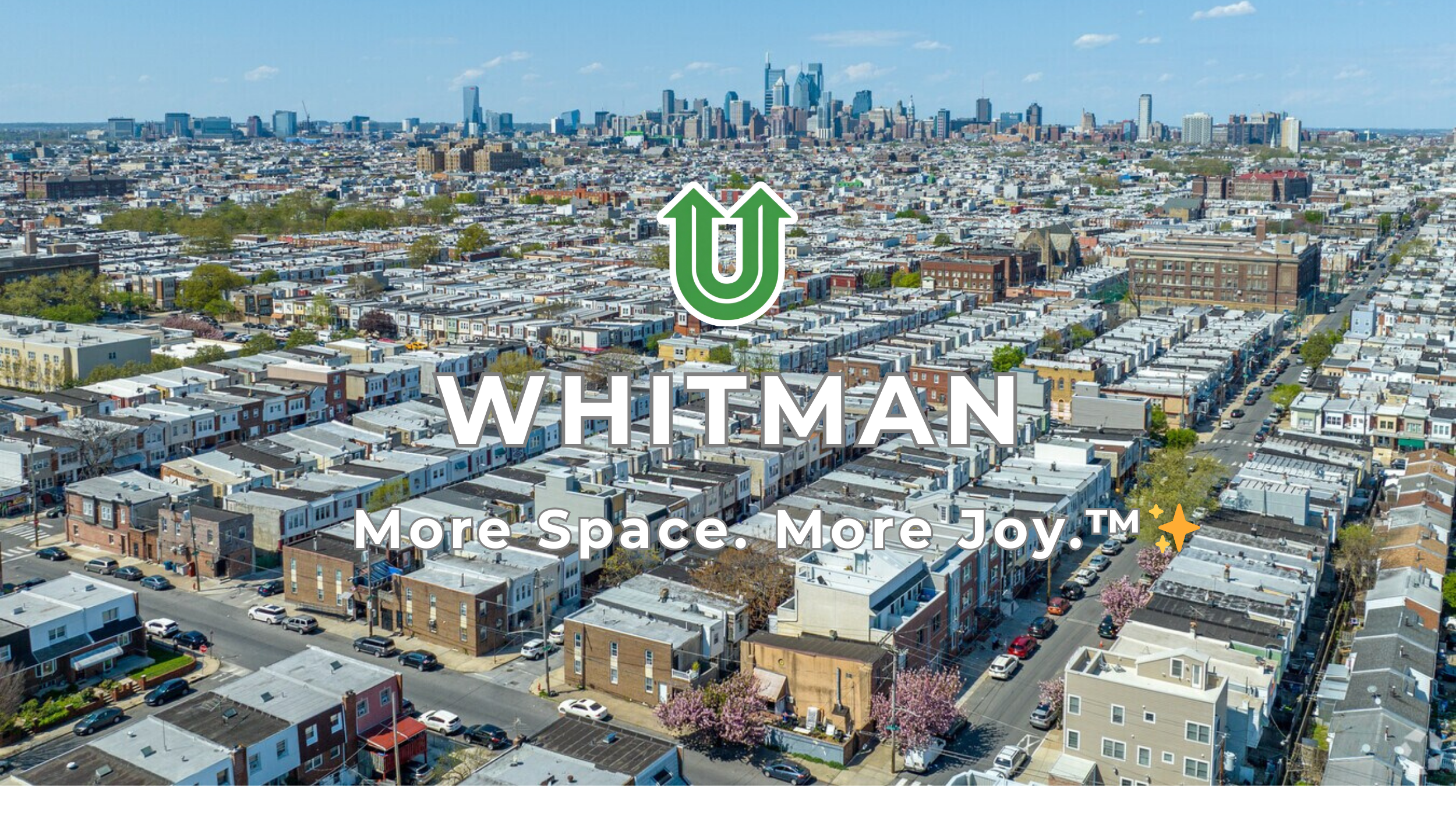 Branded photo from Uplift Junk Solutions showing a cleanout for a home in the Whitman neighborhood of Philly. The image features the green Uplift “U” brand mark and the ‘More Space. More Joy.™ ✨’ tagline.