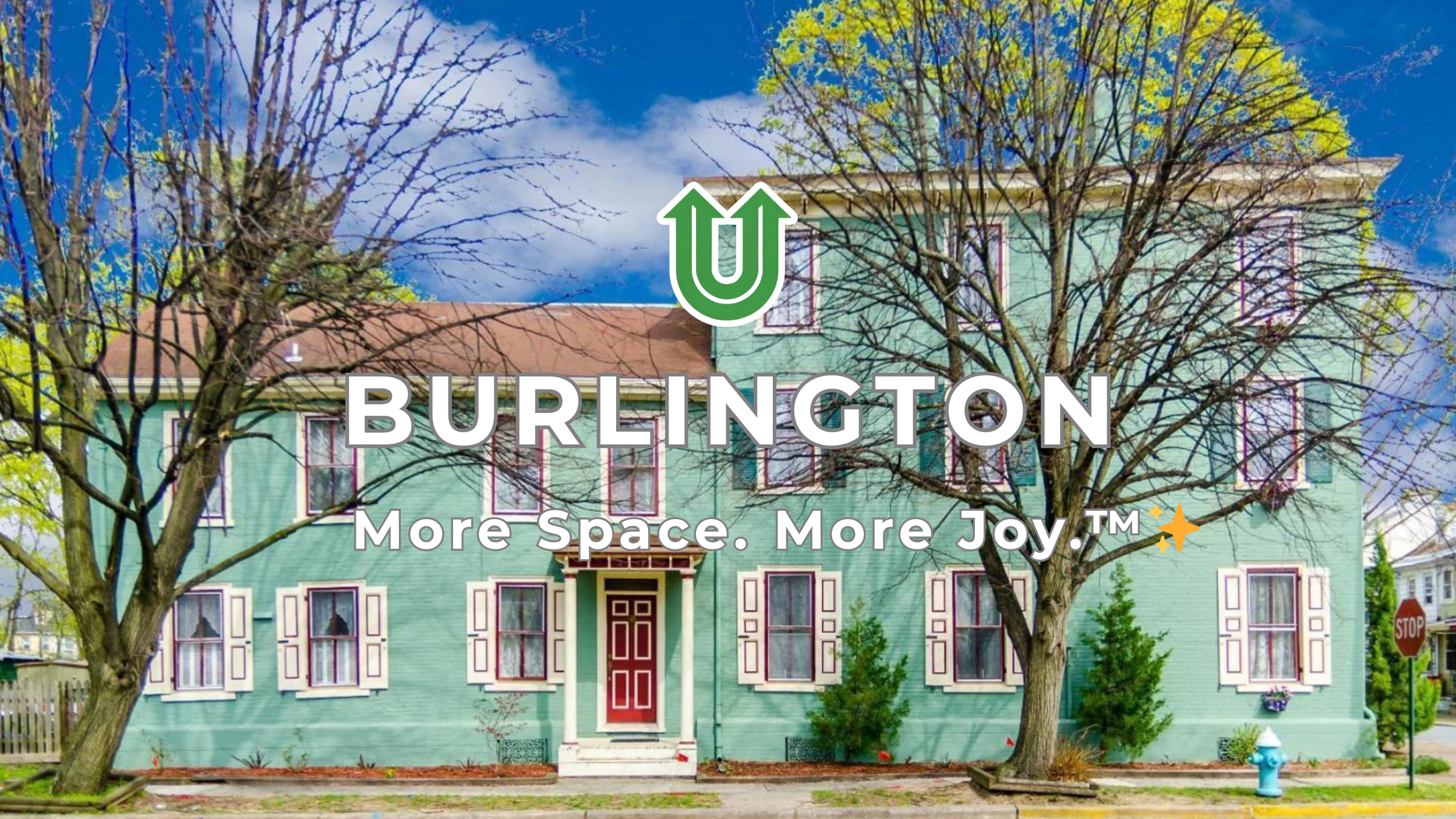 Branded photo from Uplift Junk Solutions showing a cleanout for a home in Burlington, Burlington County, NJ. The image features the green Uplift “U” brand mark and the ‘More Space. More Joy.™ ✨’ tagline.
