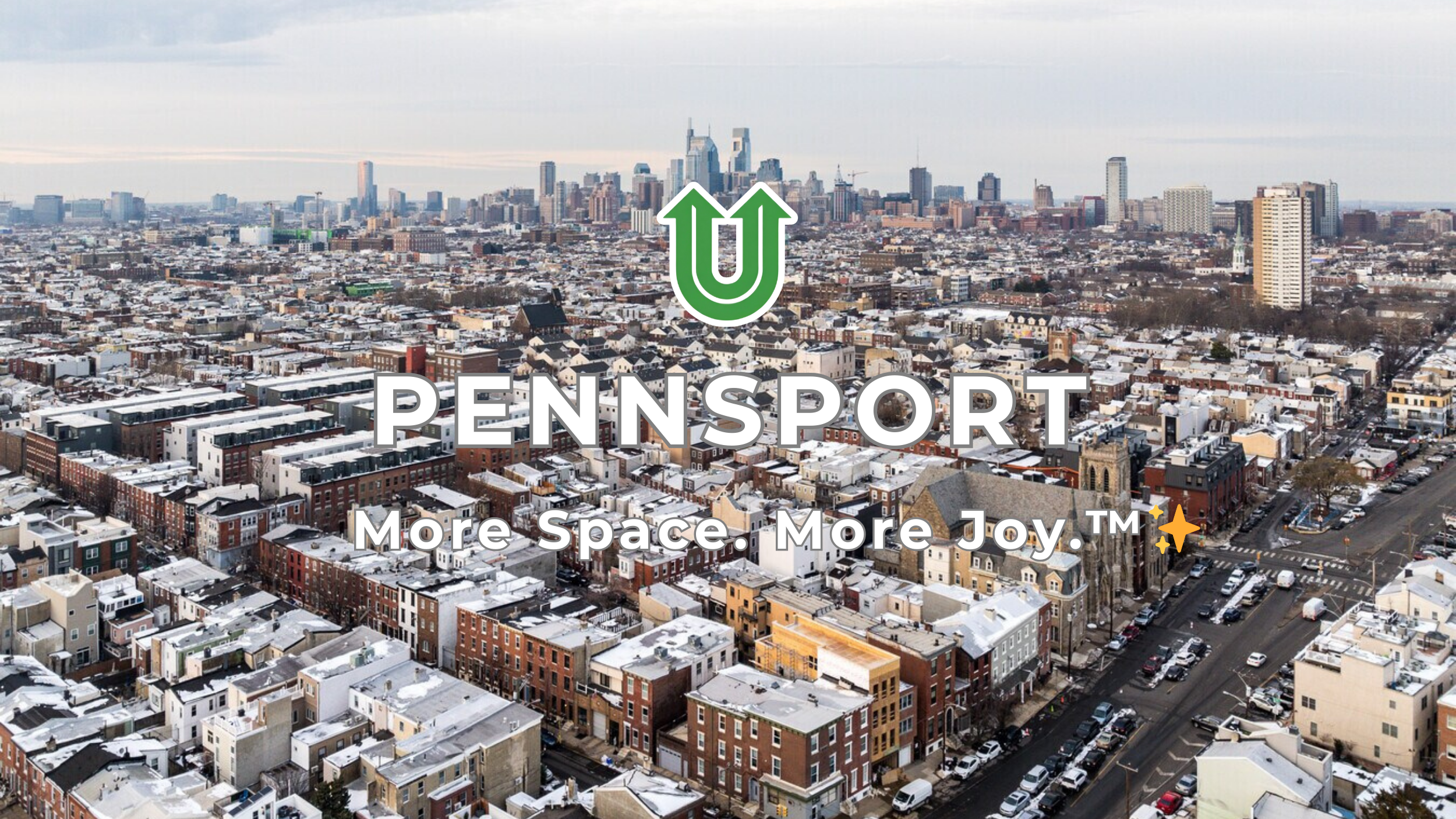 Branded photo from Uplift Junk Solutions showing a home cleanout in the Pennsport neighborhood of Philly. The image features the green Uplift “U” brand mark and the ‘More Space. More Joy.™ ✨’ tagline.