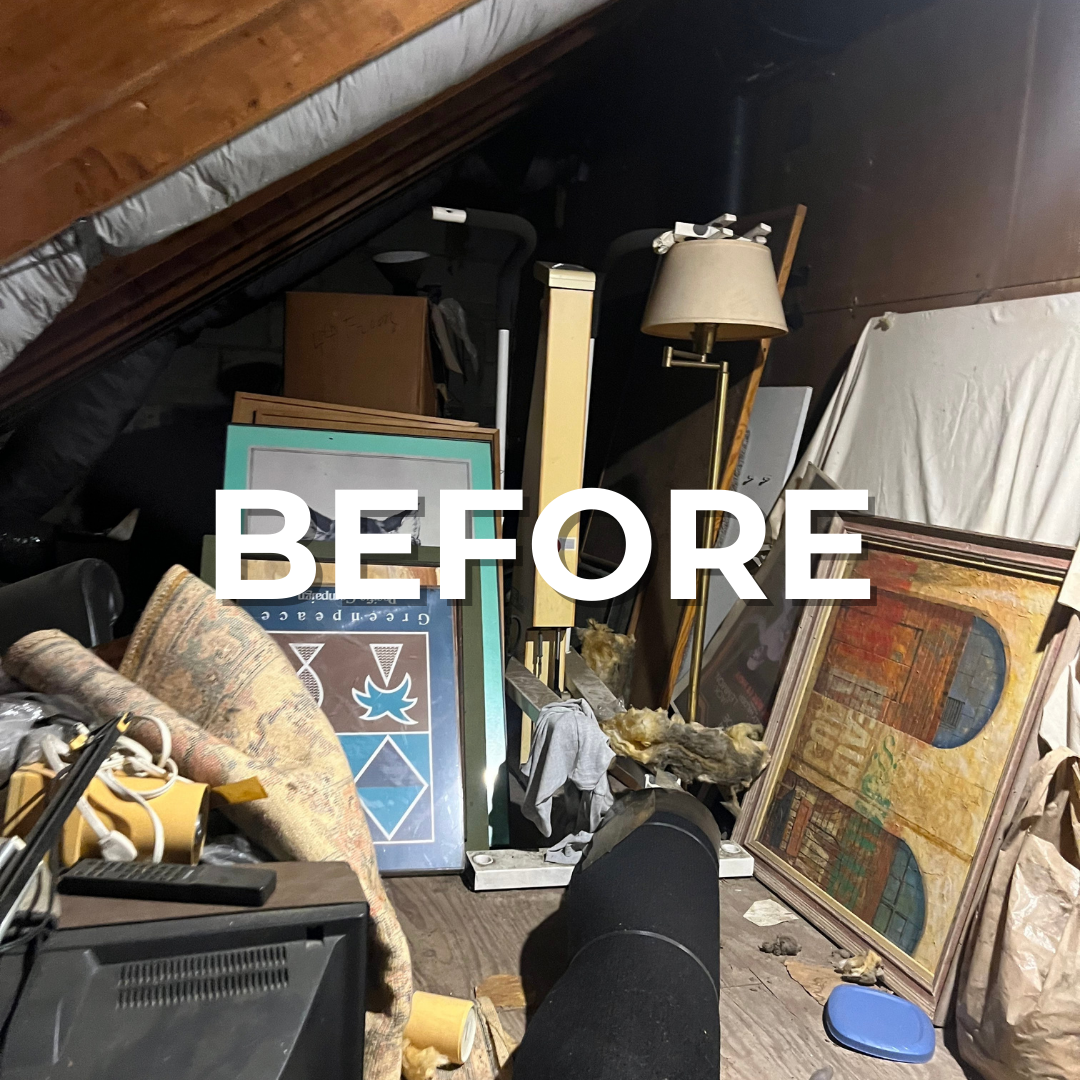 Branded "BEFORE" image showing a cluttered attic in Center City Philly.