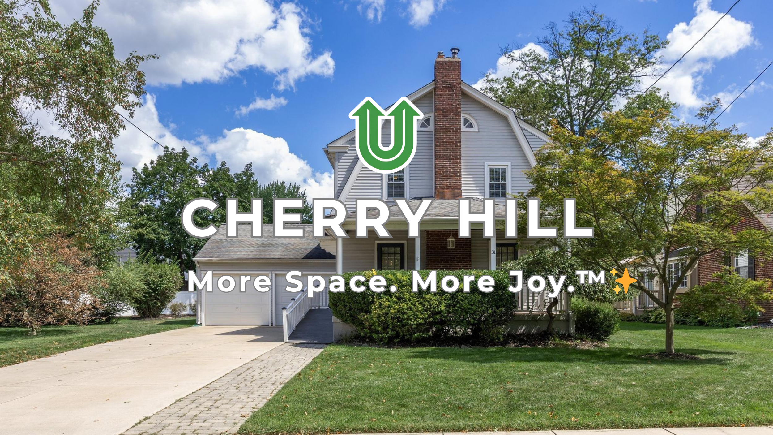 Branded photo from Uplift Junk Solutions showing a cleanout for a home in Cherry Hill, Camden County, NJ. The image features the green Uplift “U” brand mark and the ‘More Space. More Joy.™ ✨’ tagline.
