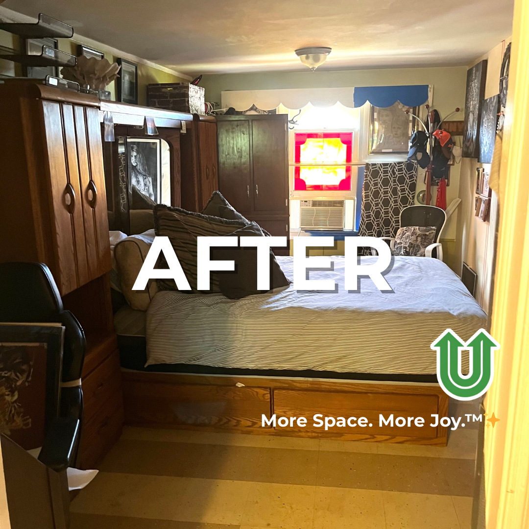 Branded "AFTER UPLIFT" image showing a newly cleared hoarder house bedroom in a Philly suburb. The image features the green Uplift “U” brand mark and the ‘More Space. More Joy.™ ✨’ tagline.