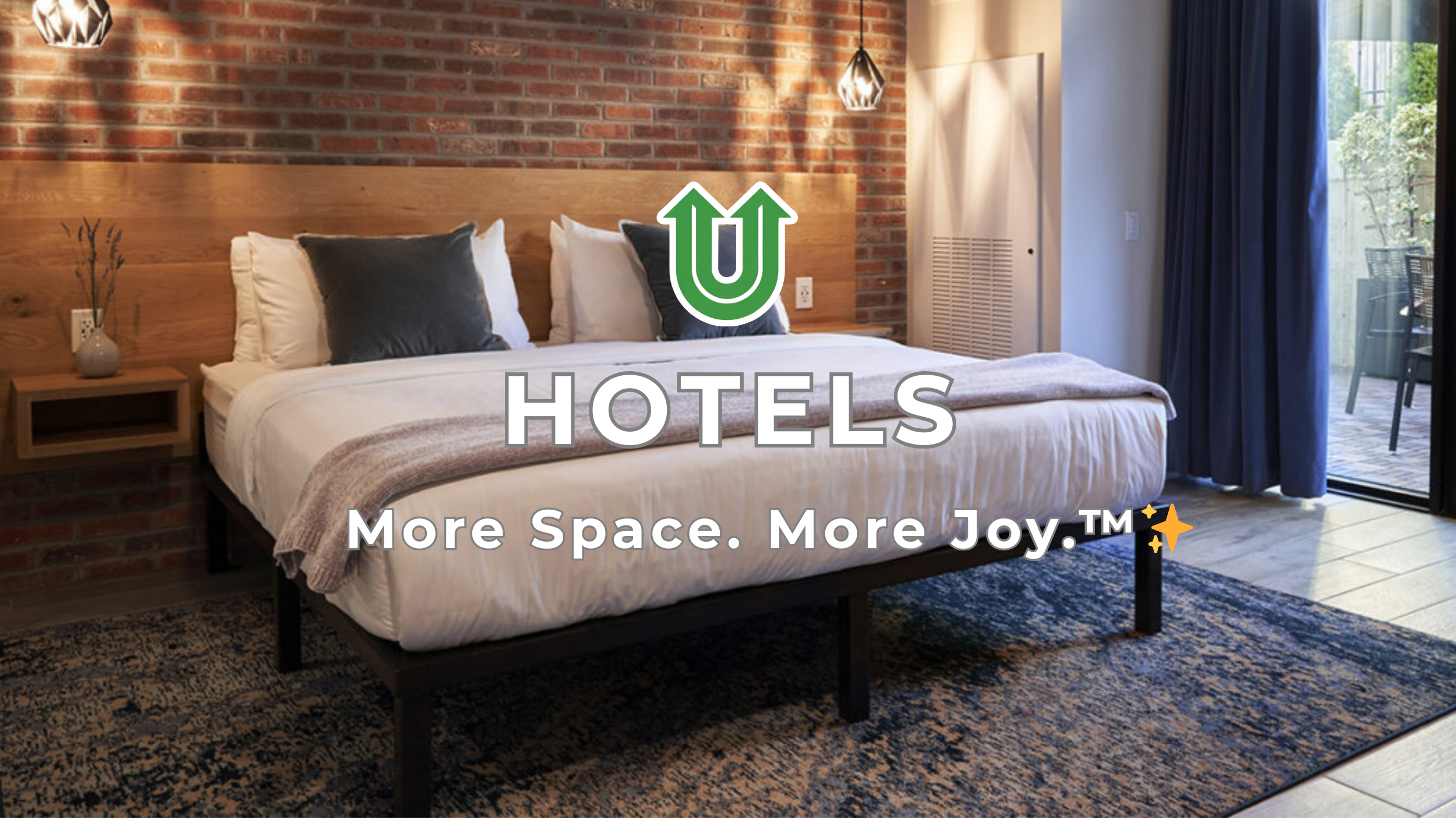 Branded photo from Uplift Junk Solutions showing a room upgrade cleanout for a hotel. The image features the green Uplift “U” brand mark and the ‘More Space. More Joy.™ ✨’ tagline.
