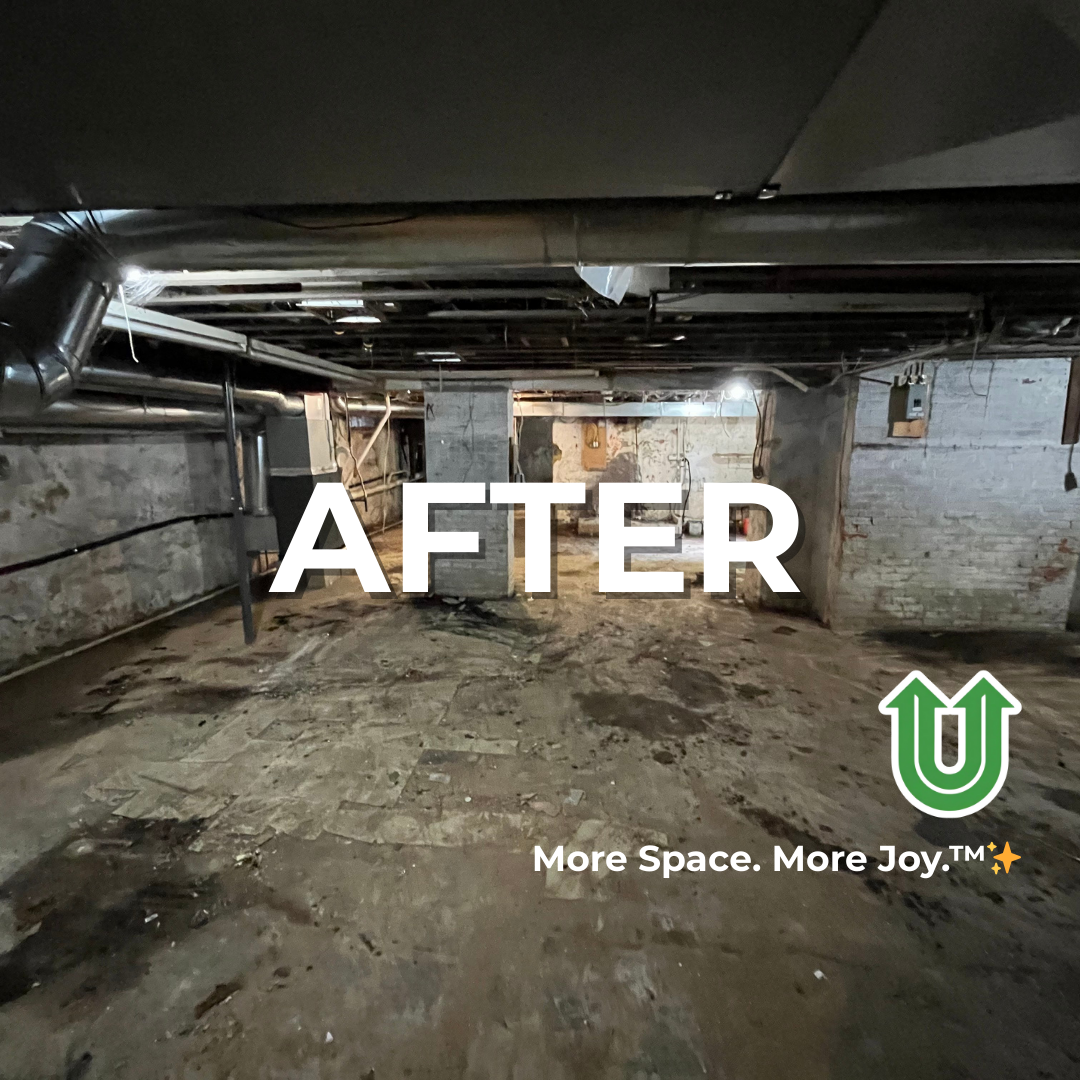 Branded "AFTER UPLIFT" image showing a newly cleared basement in the Main Line, PA. The image features the green Uplift “U” brand mark and the ‘More Space. More Joy.™ ✨’ tagline.