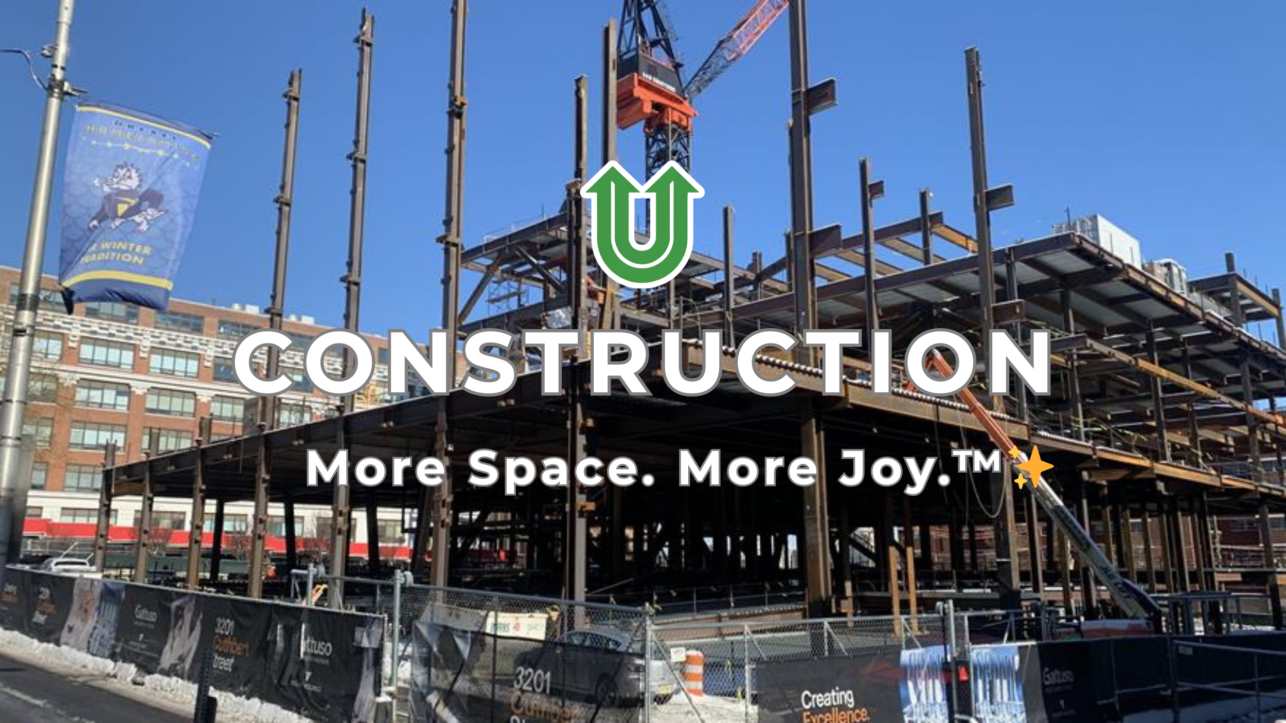 Branded photo from Uplift Junk Solutions showing post-demolition debris removal for a construction site. The image features the green Uplift “U” brand mark and the ‘More Space. More Joy.™ ✨’ tagline.