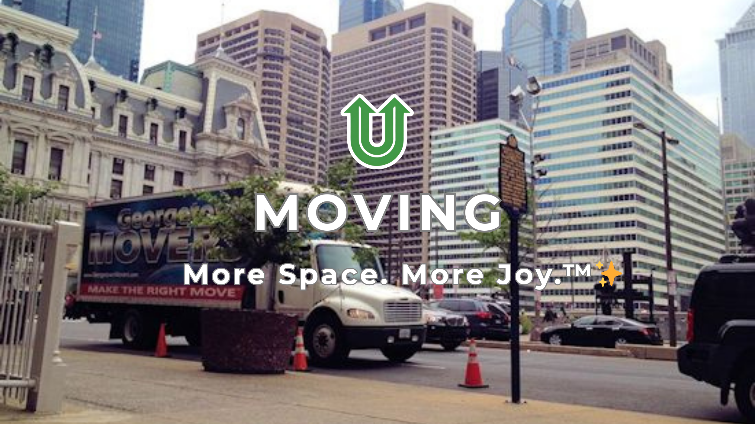 Branded photo from Uplift Junk Solutions showing a pre-move decluttering service. The image features the green Uplift “U” brand mark and the ‘More Space. More Joy.™ ✨’ tagline.