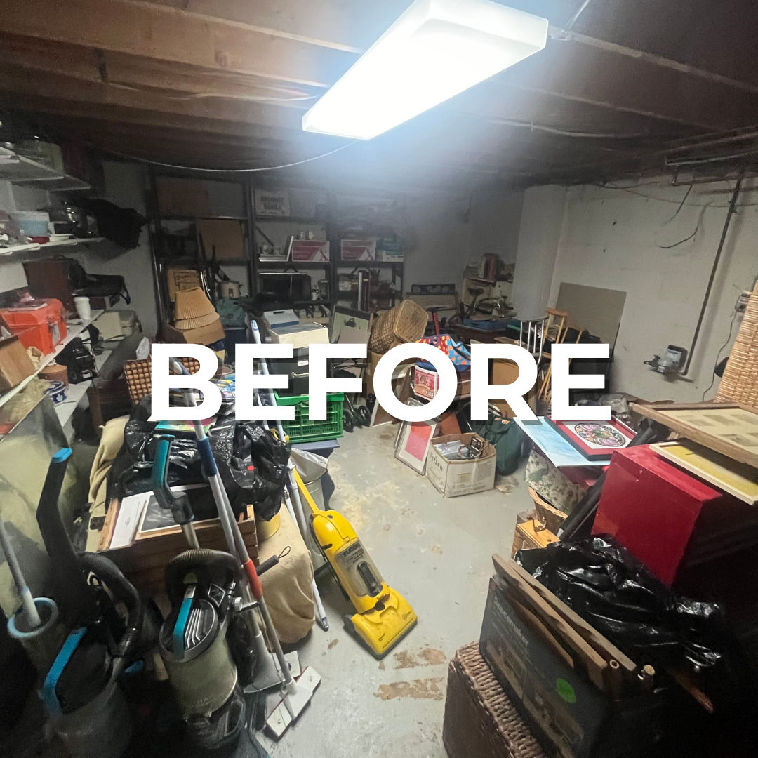 Branded "BEFORE" image showing a cluttered basement in Society Hill, Philly.