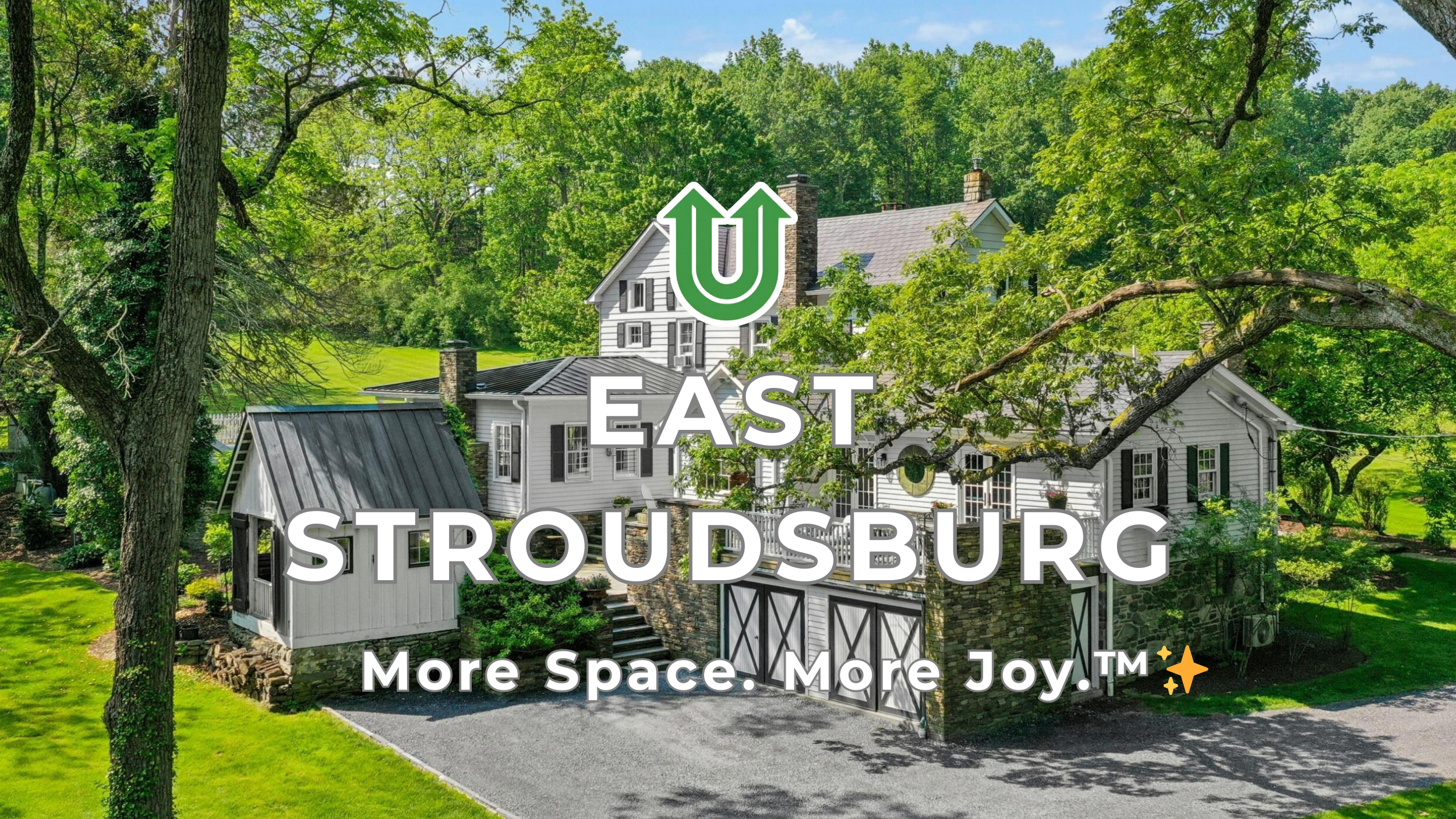 Branded photo from Uplift Junk Solutions showing a cleanout for a home in East Stroudsburg, PA. The image features the green Uplift “U” brand mark and the ‘More Space. More Joy.™ ✨’ tagline.