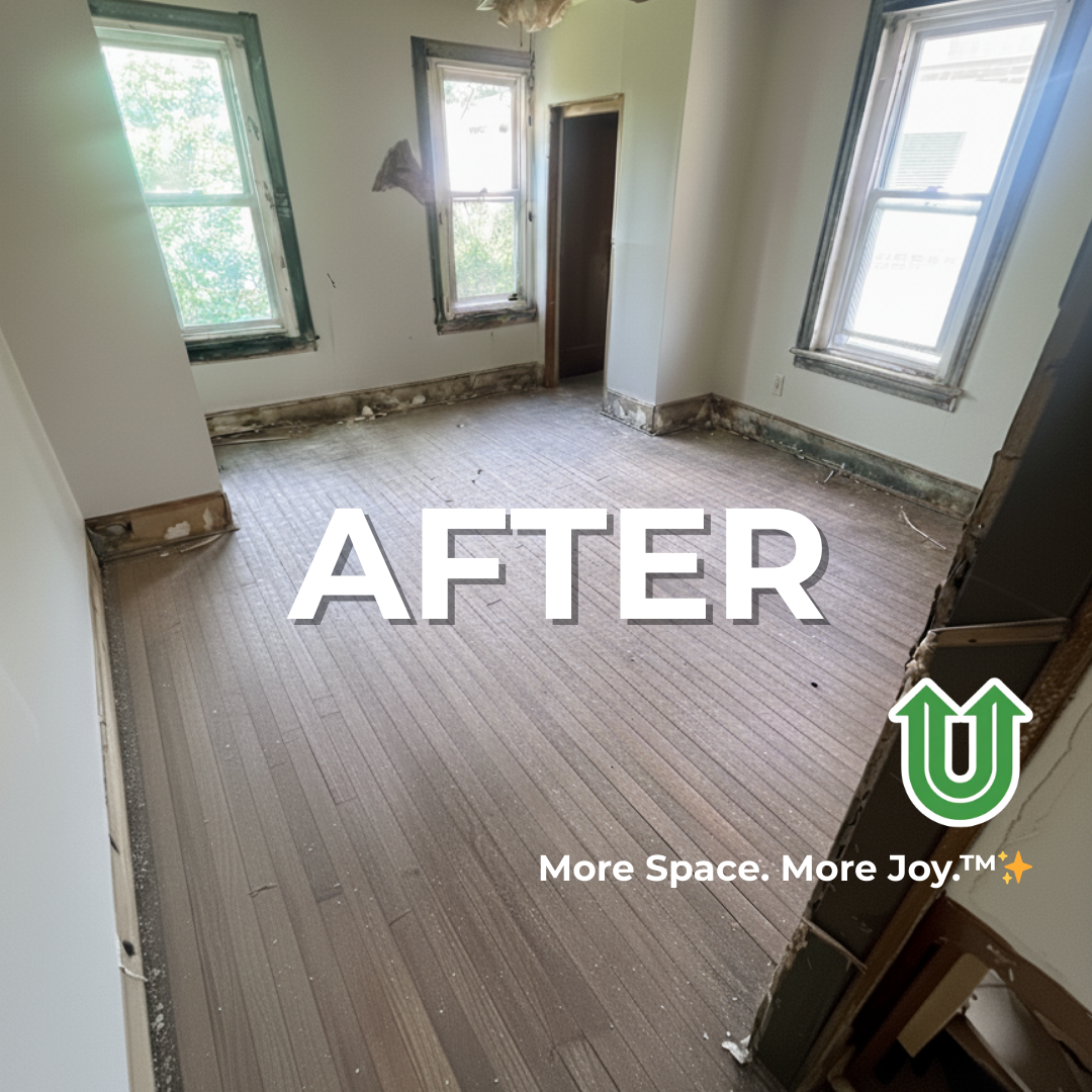 Branded "AFTER UPLIFT" image showing a newly cleared construction site in Center City Philly. The image features the green Uplift “U” brand mark and the ‘More Space. More Joy.™ ✨’ tagline.