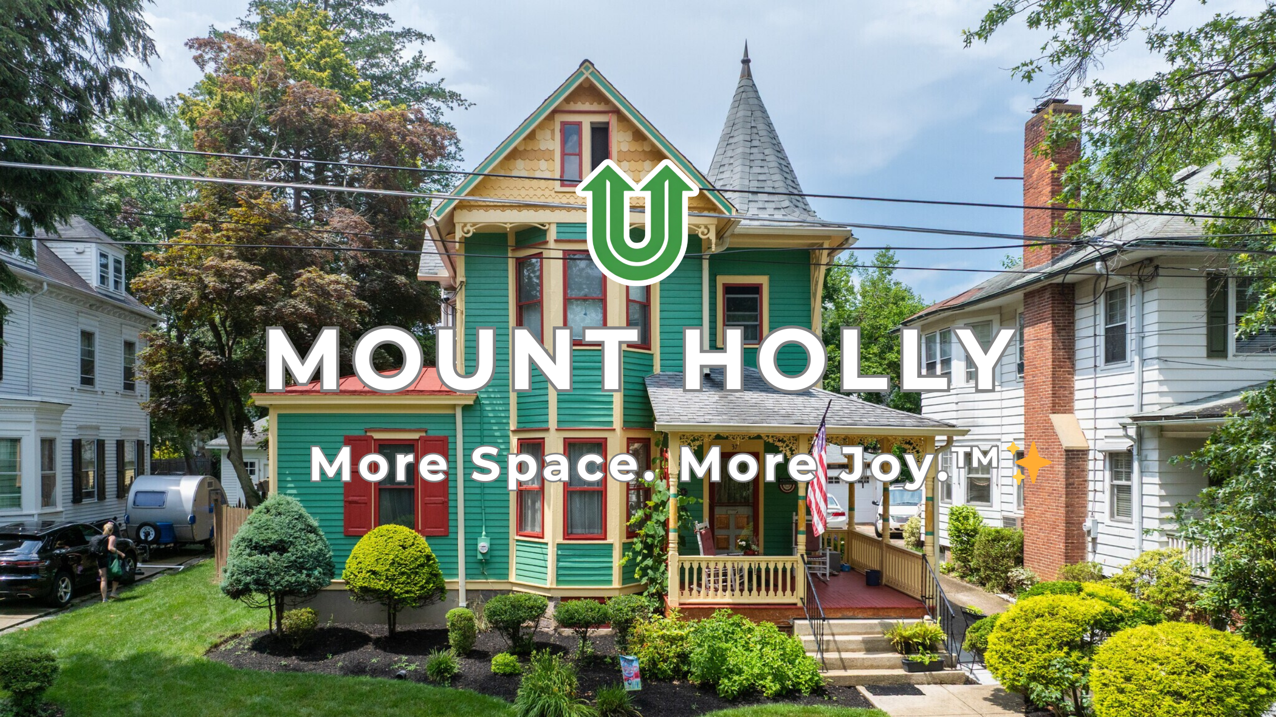 Branded photo from Uplift Junk Solutions showing a cleanout for a home in Mount Holly, Burlington County, NJ. The image features the green Uplift “U” brand mark and the ‘More Space. More Joy.™ ✨’ tagline.