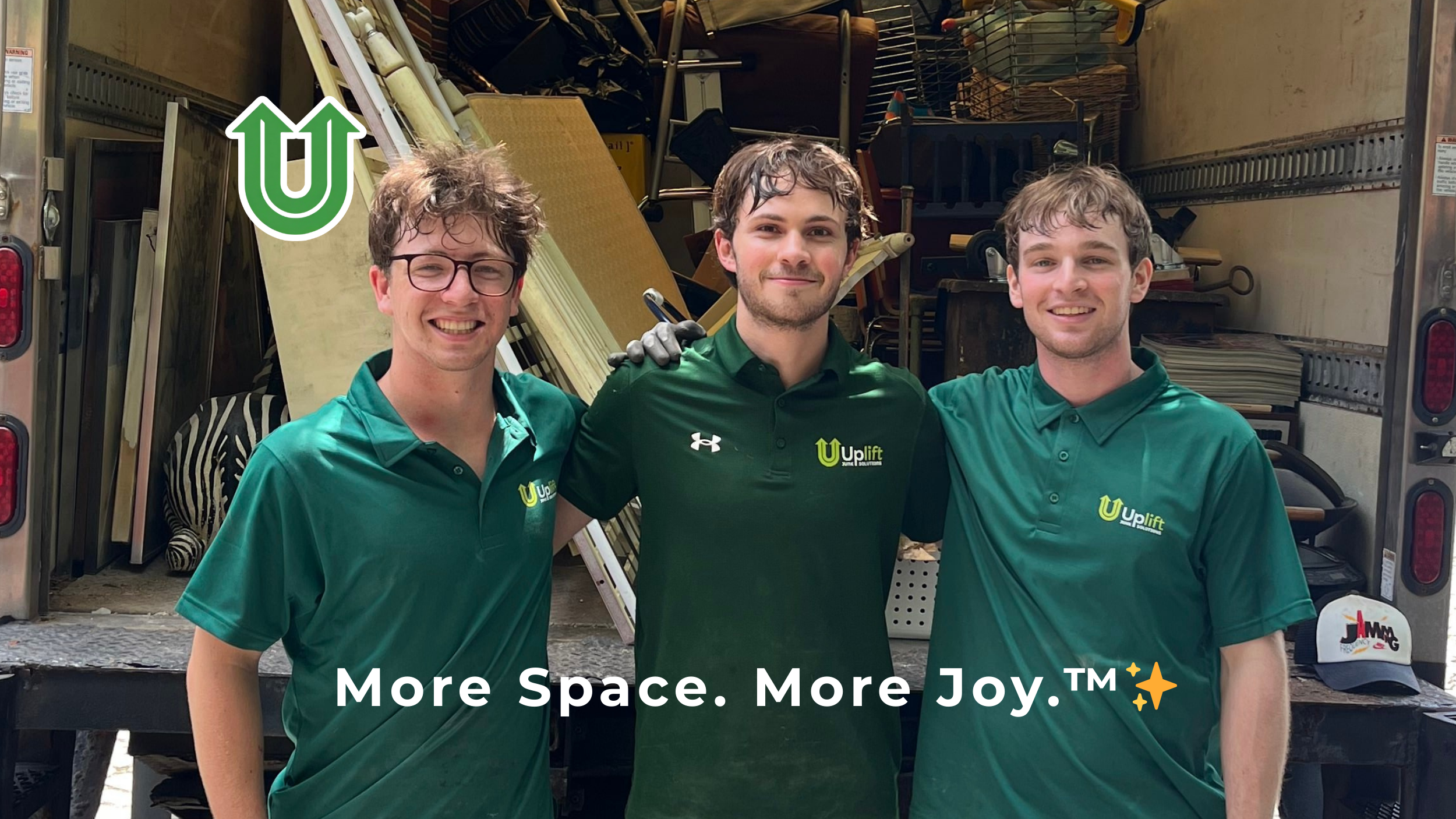 Branded photo from Uplift Junk Solutions showing a team ready for a residential job in Philadelphia. The image features the green Uplift “U” brand mark and the ‘More Space. More Joy.™ ✨’ tagline.
