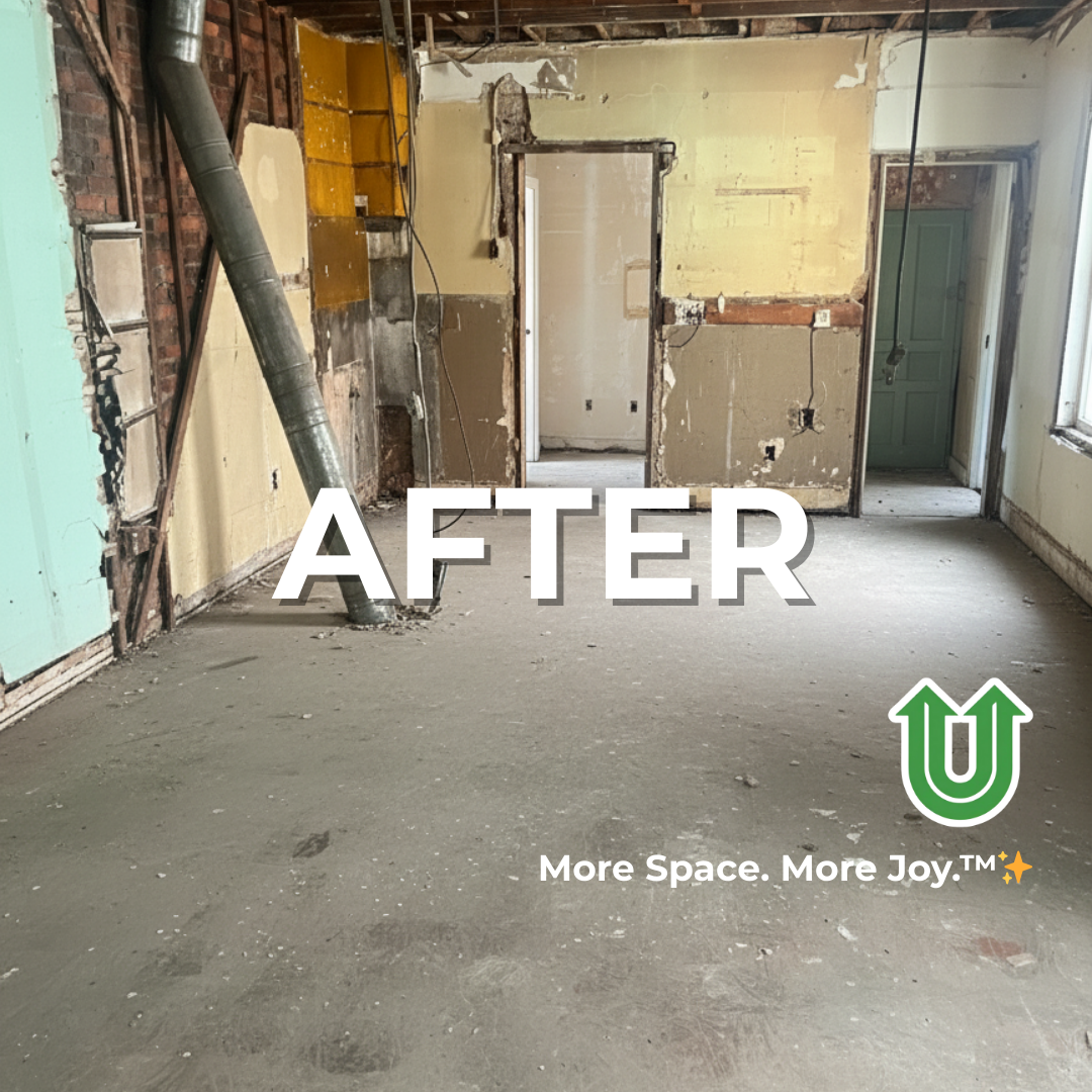 Branded "AFTER UPLIFT" image showing a newly cleared construction site in Center City Philly. The image features the green Uplift “U” brand mark and the ‘More Space. More Joy.™ ✨’ tagline.