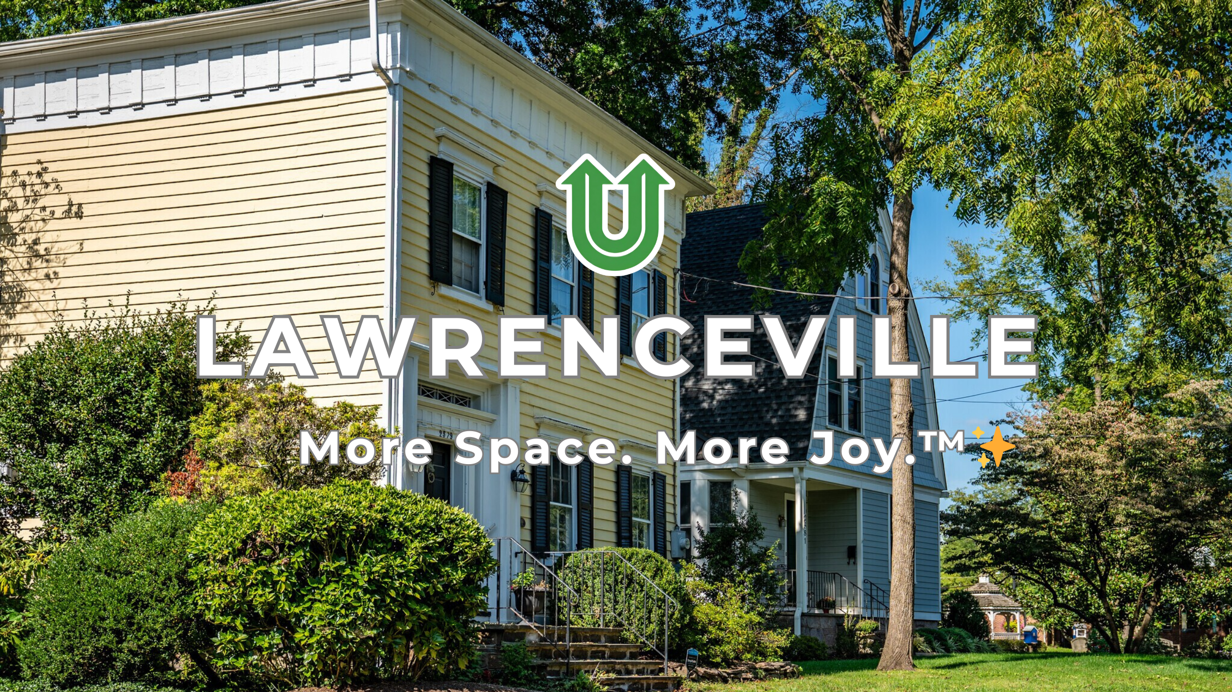 Branded photo from Uplift Junk Solutions showing a cleanout for a home in Lawrenceville, Mercer County, NJ. The image features the green Uplift “U” brand mark and the ‘More Space. More Joy.™ ✨’ tagline.