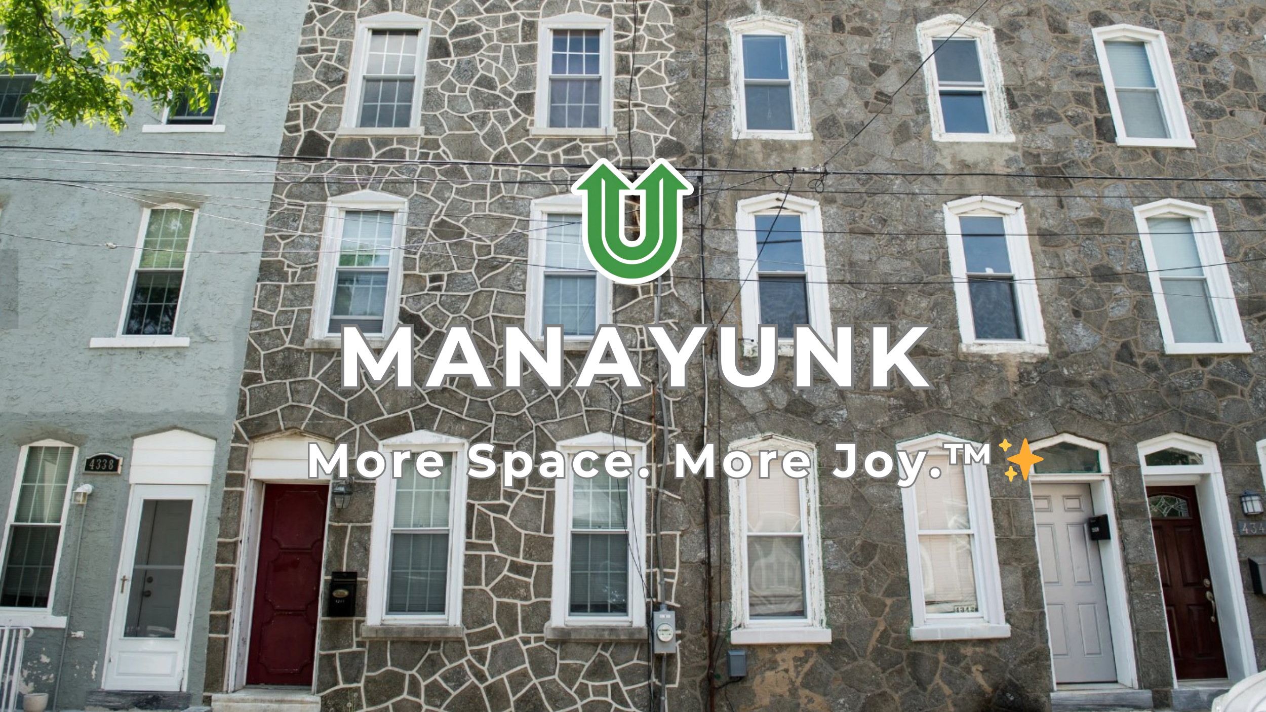 Branded photo from Uplift Junk Solutions showing a cleanout at a residential property in the Manayunk neighborhood of Philly. The image features the green Uplift “U” brand mark and the ‘More Space. More Joy.™ ✨’ tagline.