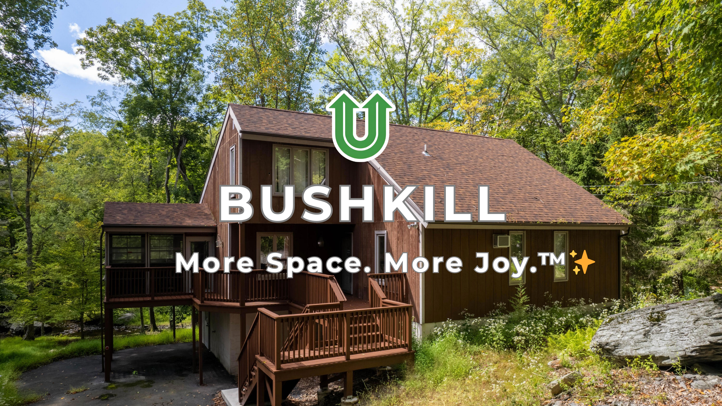 Branded photo from Uplift Junk Solutions showing a cleanout for a mountain home in Bushkill, PA. The image features the green Uplift “U” brand mark and the ‘More Space. More Joy.™ ✨’ tagline.
