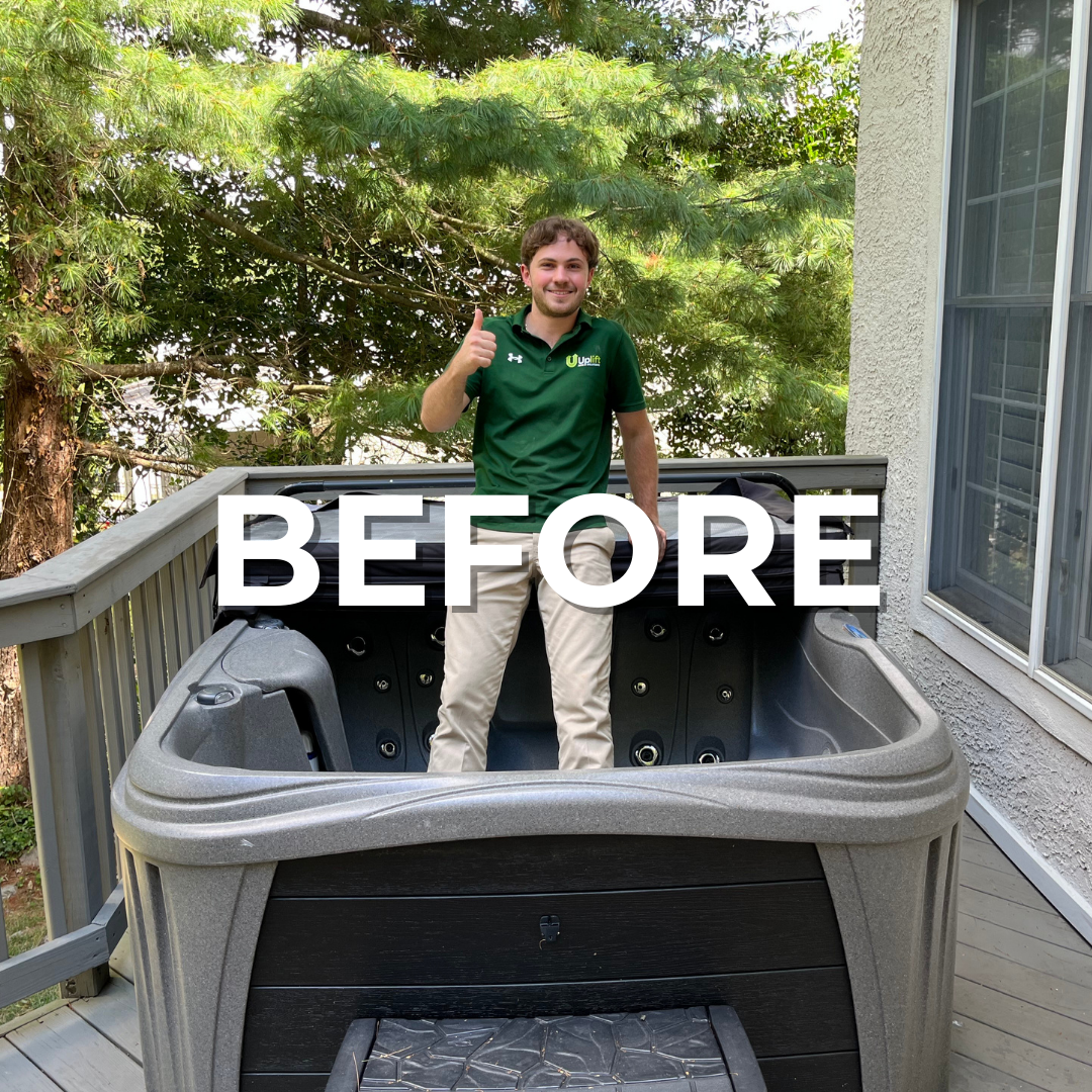 Branded "BEFORE" image showing a cluttered space with a whirlpool in a Philly suburb.