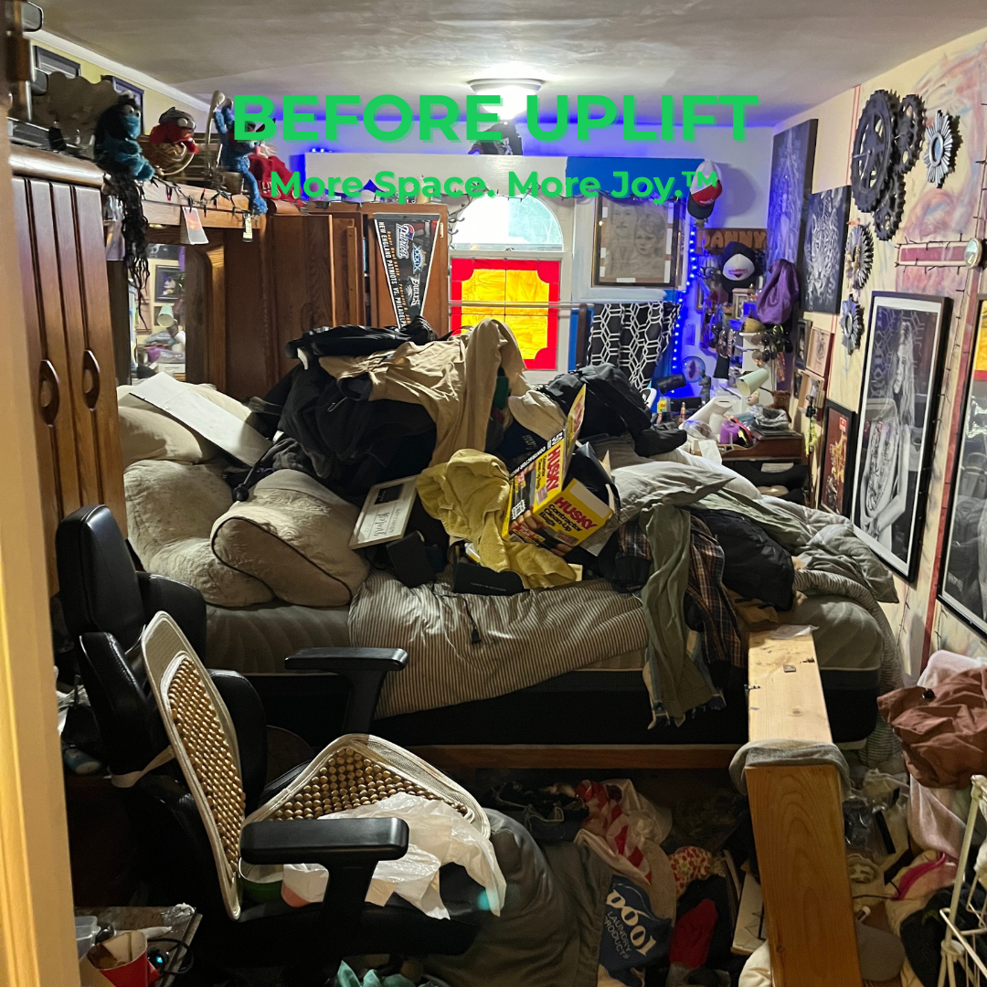 Before Uplift Junk Solutions' hoarder house bedroom cleanout, showing the before cluttered space in a suburban Philadelphia home.
