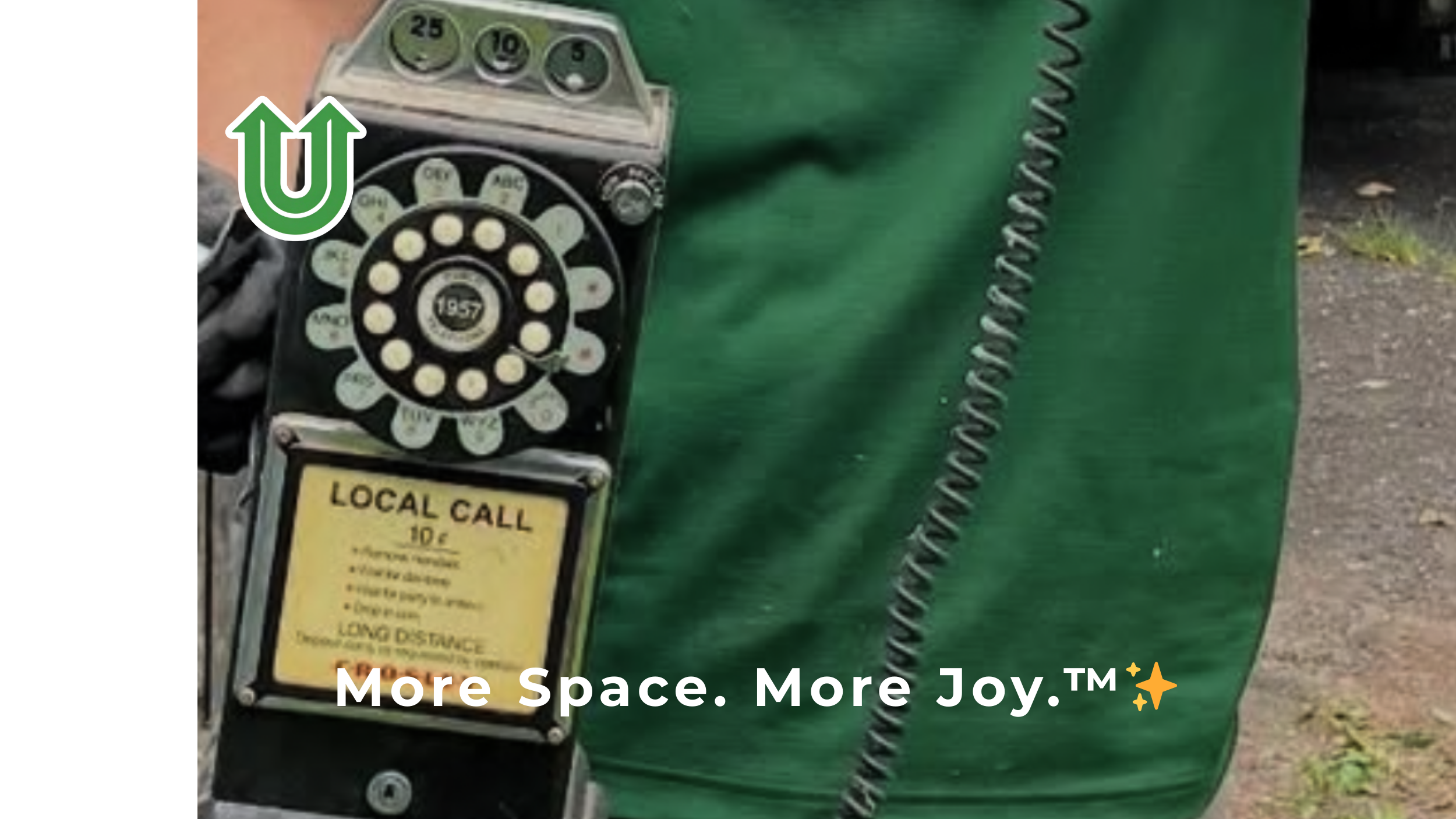 Branded photo from Uplift Junk Solutions showing a team member removing an old phone and junk from a yard in the Pennsylvania suburbs. The image features the green Uplift “U” brand mark and the ‘More Space. More Joy.™ ✨’ tagline.