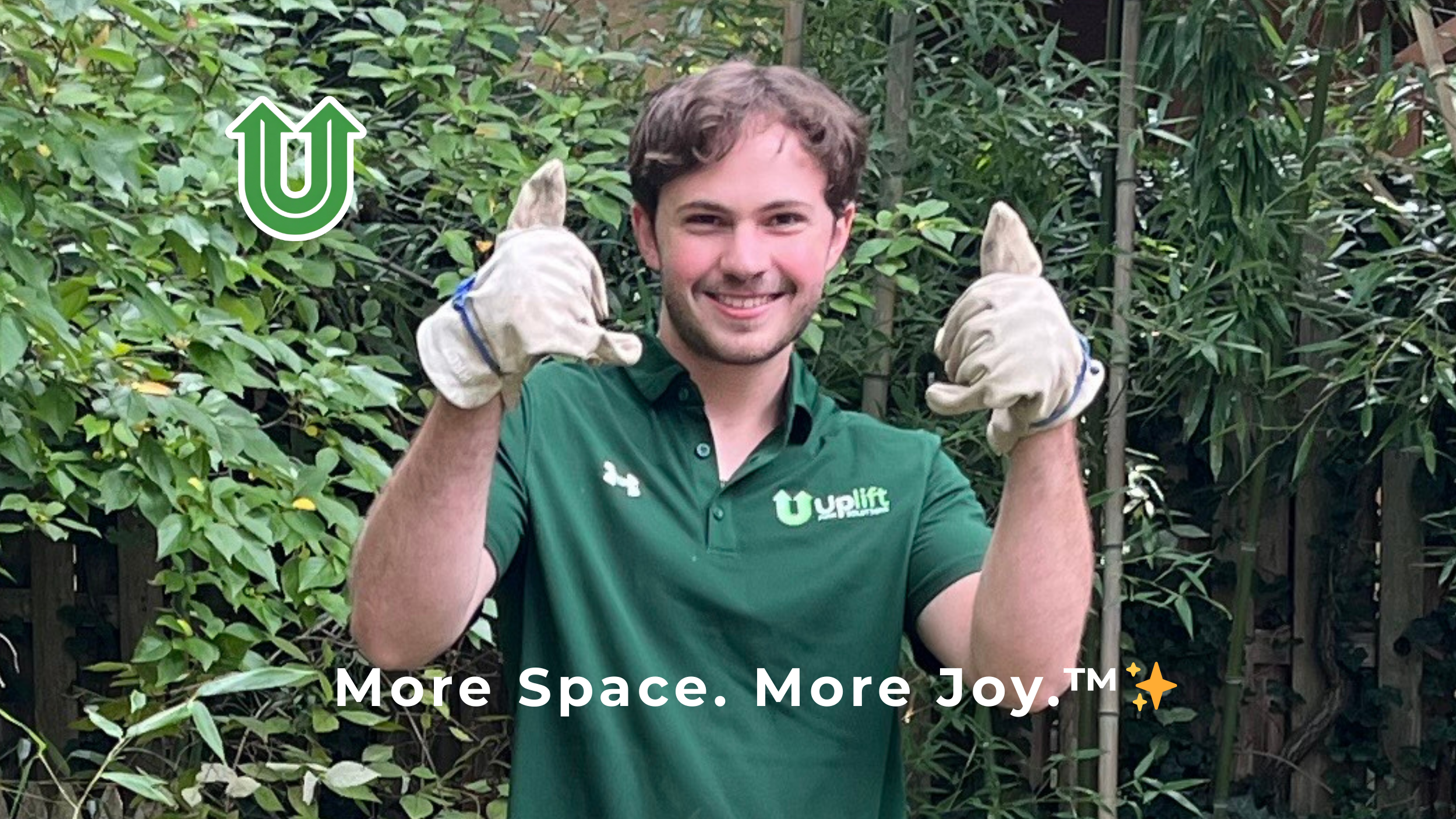 Branded photo from Uplift Junk Solutions showing a team member giving a thumbs-up after a yard cleanout in Chestnut Hill, PA. The image features the green Uplift “U” brand mark and the ‘More Space. More Joy.™ ✨’ tagline.