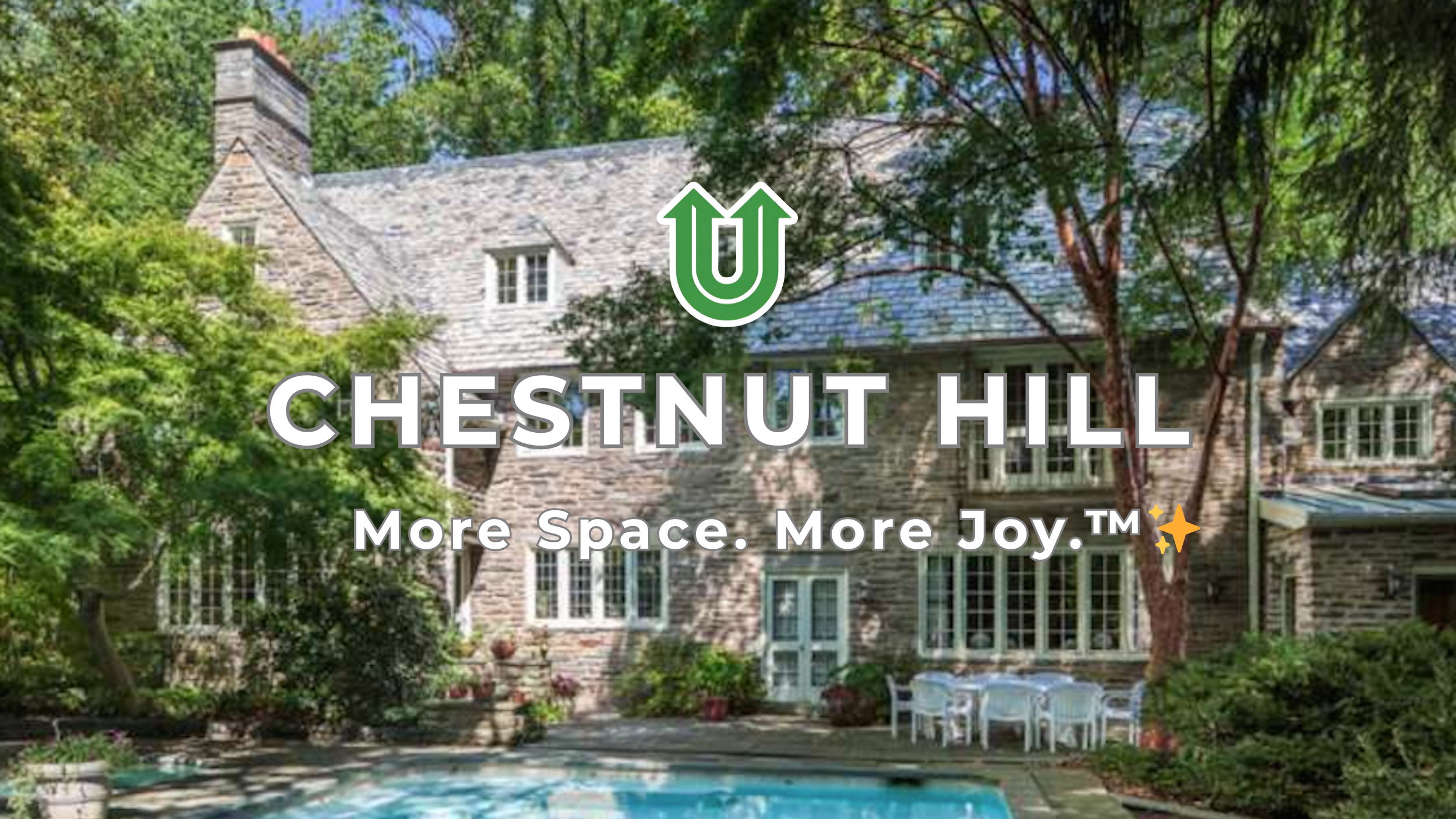 Branded photo from Uplift Junk Solutions showing a residential cleanout at a large stone house in Chestnut Hill, Philly. The image features the green Uplift “U” brand mark and the ‘More Space. More Joy.™ ✨’ tagline.