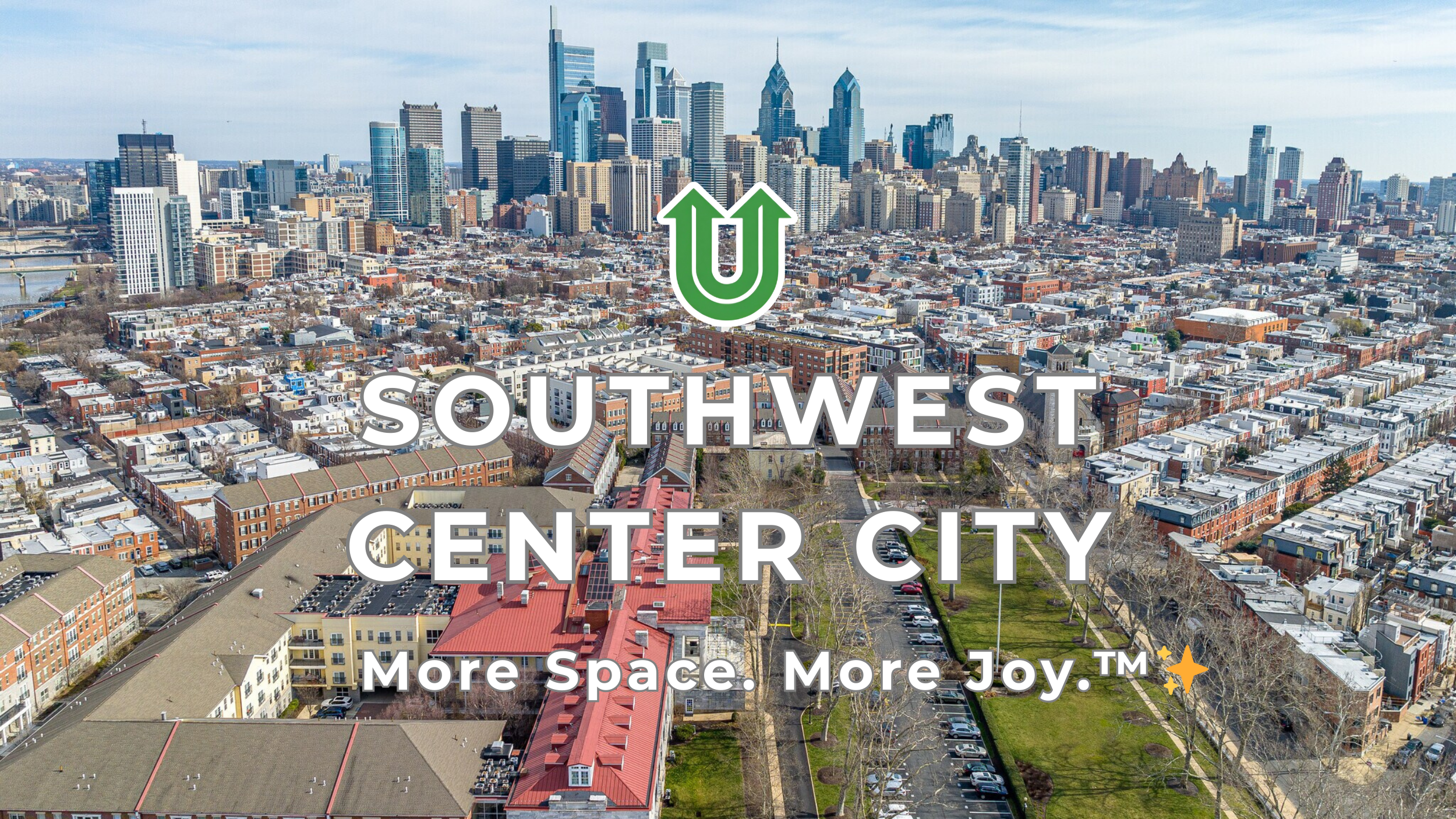Branded photo from Uplift Junk Solutions showing a cleanout for a property in the Southwest Center City area of Philly. The image features the green Uplift “U” brand mark and the ‘More Space. More Joy.™ ✨’ tagline.