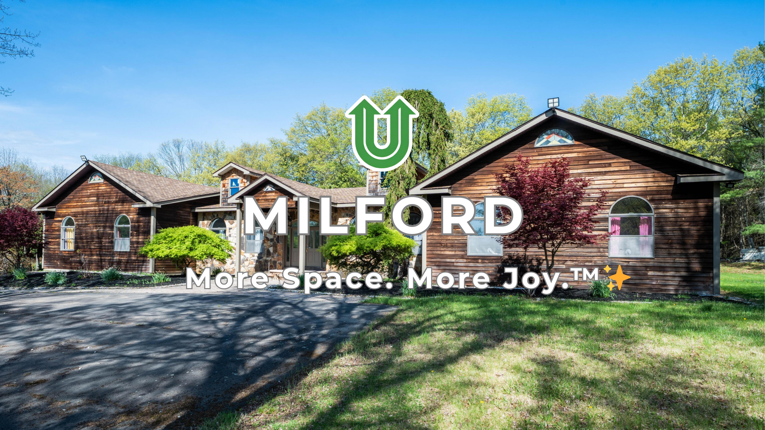 Branded photo from Uplift Junk Solutions showing a cleanout for a home in Milford, PA. The image features the green Uplift “U” brand mark and the ‘More Space. More Joy.™ ✨’ tagline.