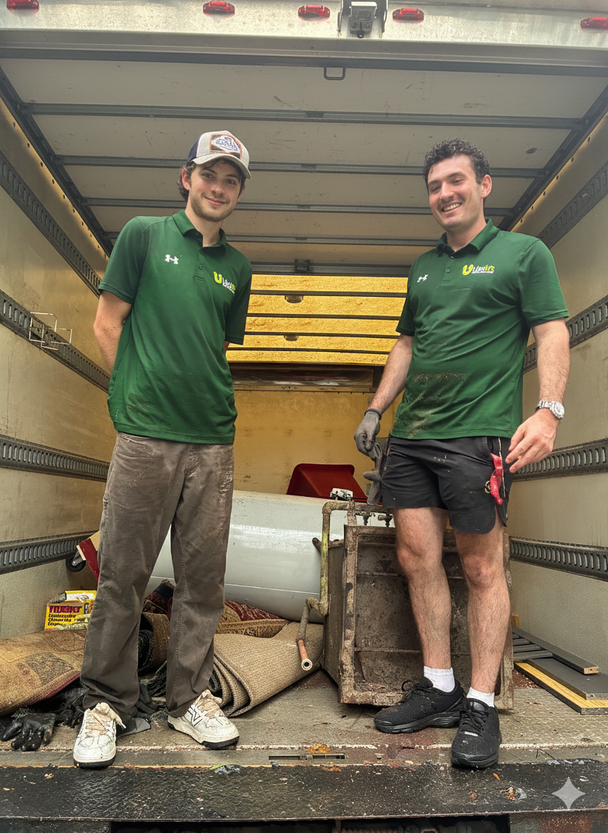 Uplift Junk Solutions founders Richard and Tristan in the company truck ready for a junk removal job in Philadelphia.