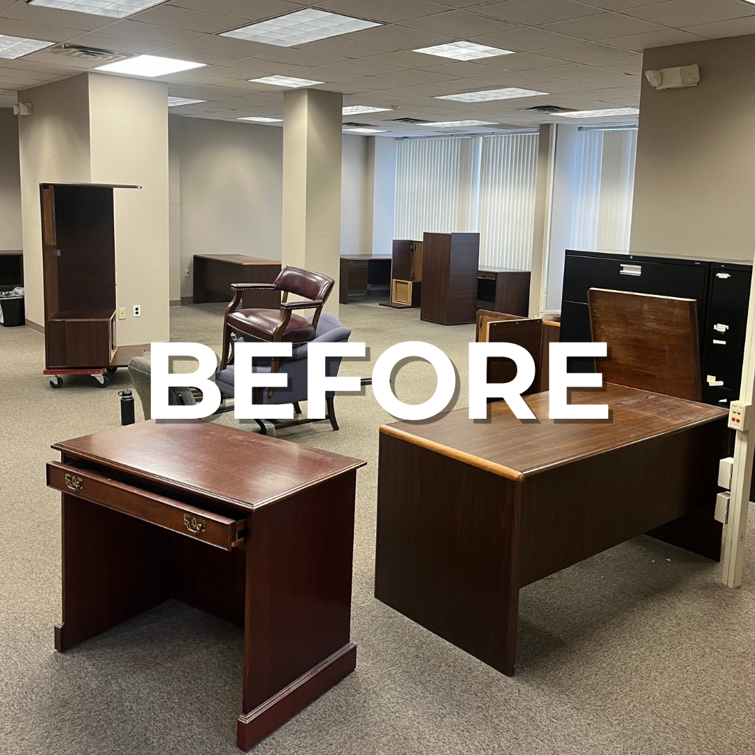 Branded "BEFORE" image showing a cluttered office in Cherry Hill, NJ.