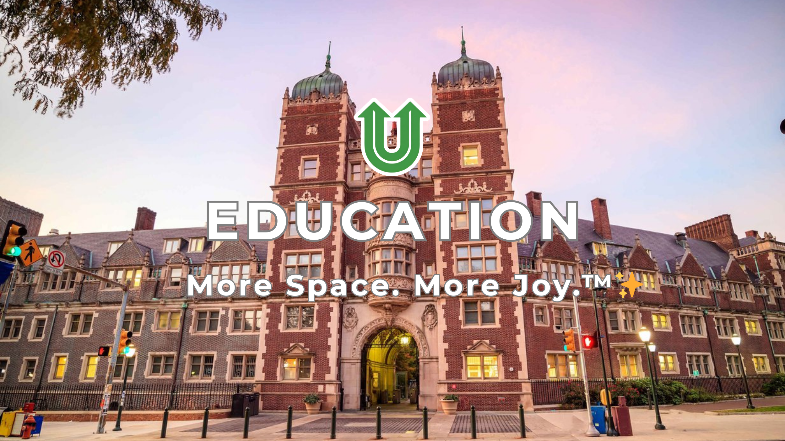 Branded photo from Uplift Junk Solutions showing a campus cleanout for an education facility. The image features the green Uplift “U” brand mark and the ‘More Space. More Joy.™ ✨’ tagline.